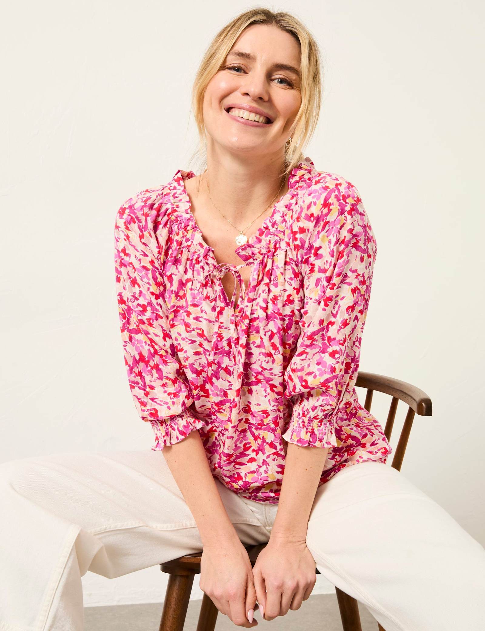 Floral Tie Neck Shirred Detail Blouse - image 2