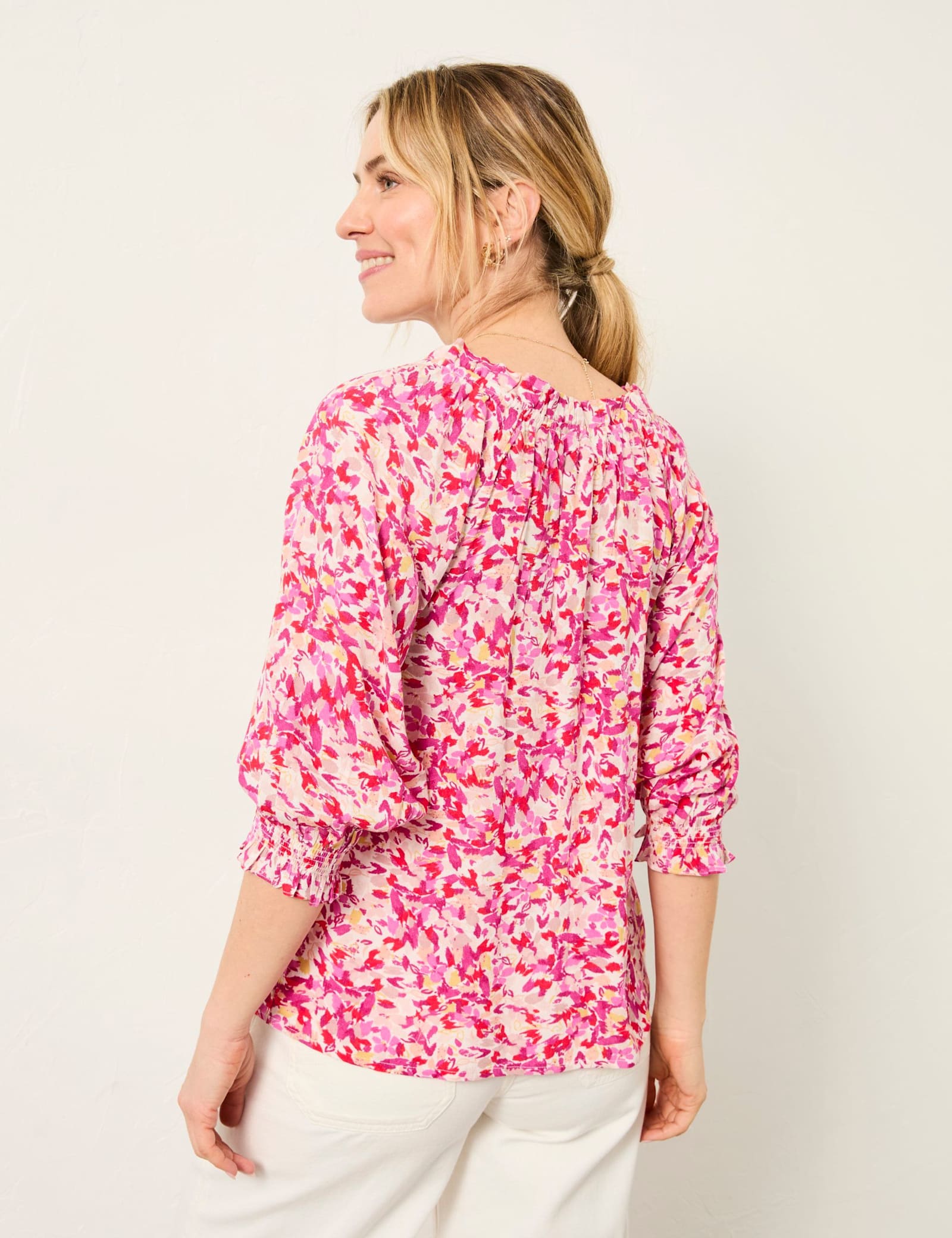 Floral Tie Neck Shirred Detail Blouse - image 5