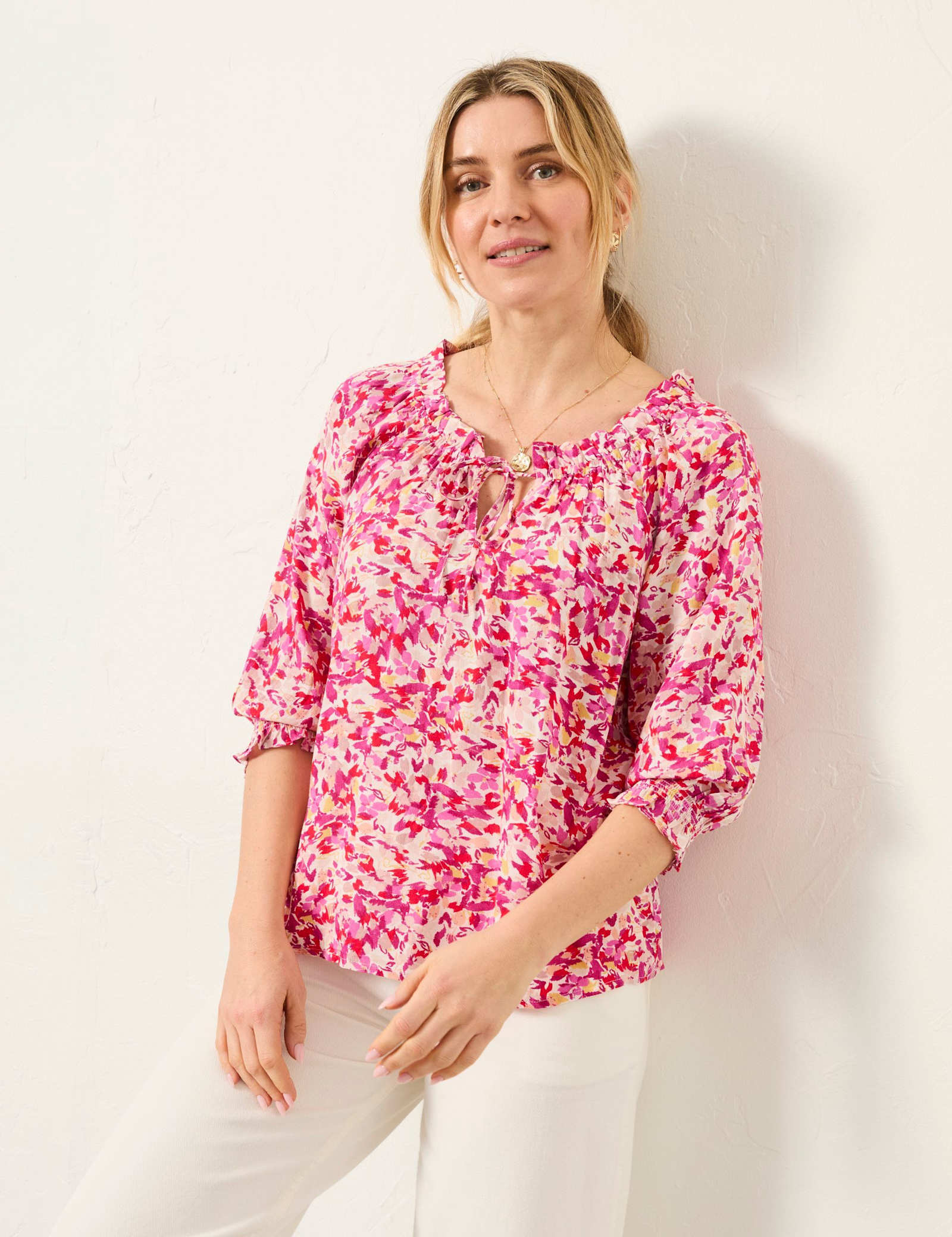Floral Tie Neck Shirred Detail Blouse - image 4