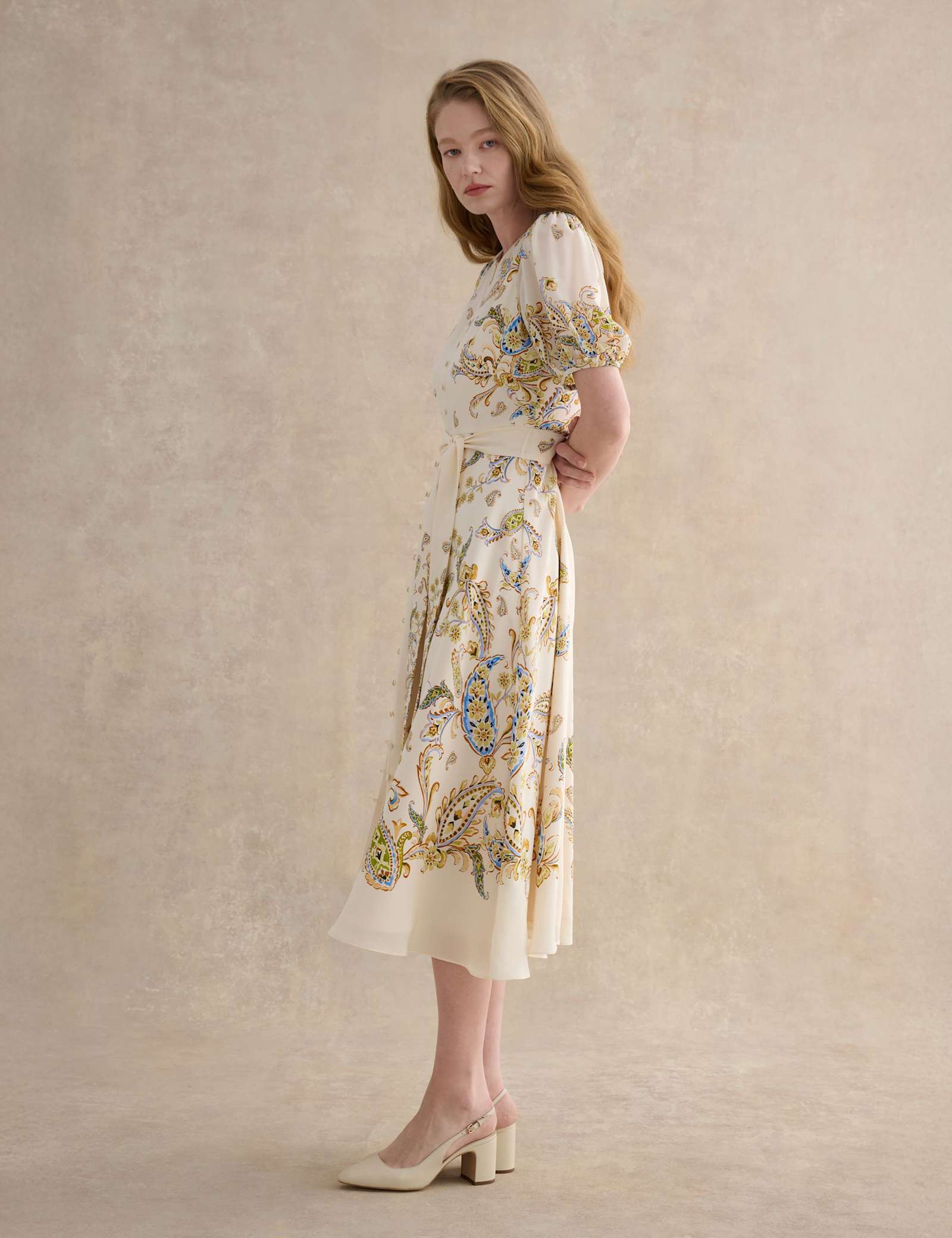 Pure Silk Paisley Belted Midi Skater Dress - image 3