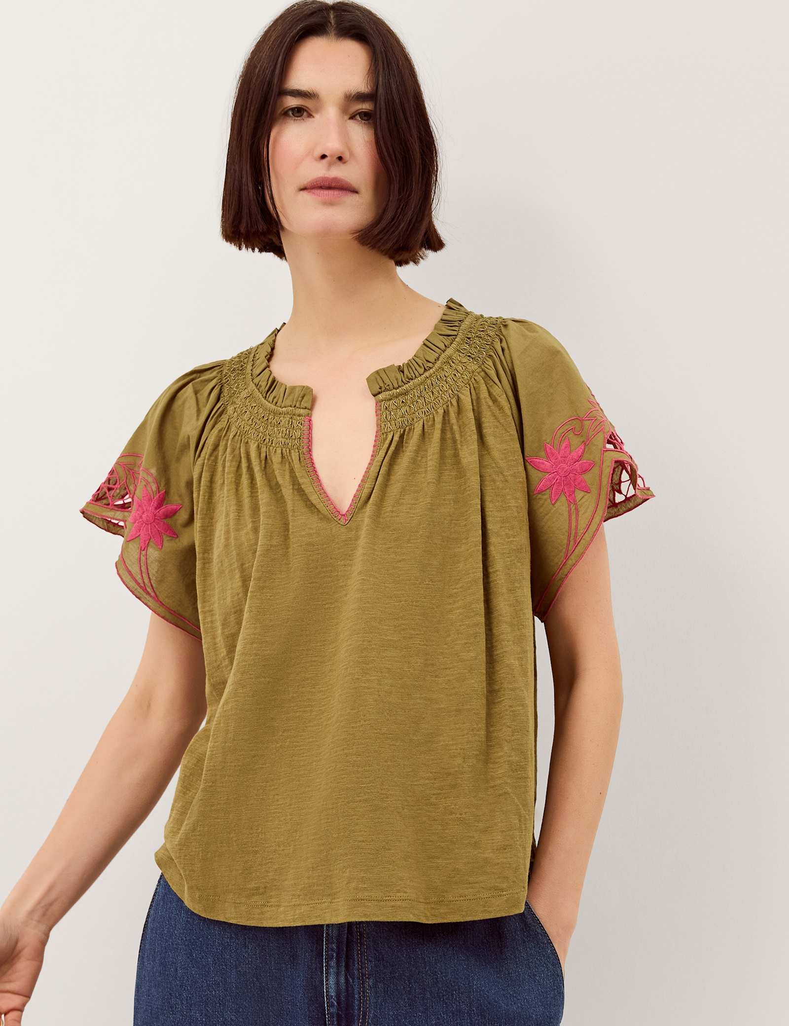 Pure Cotton Embroidered V-Neck Top - image 1