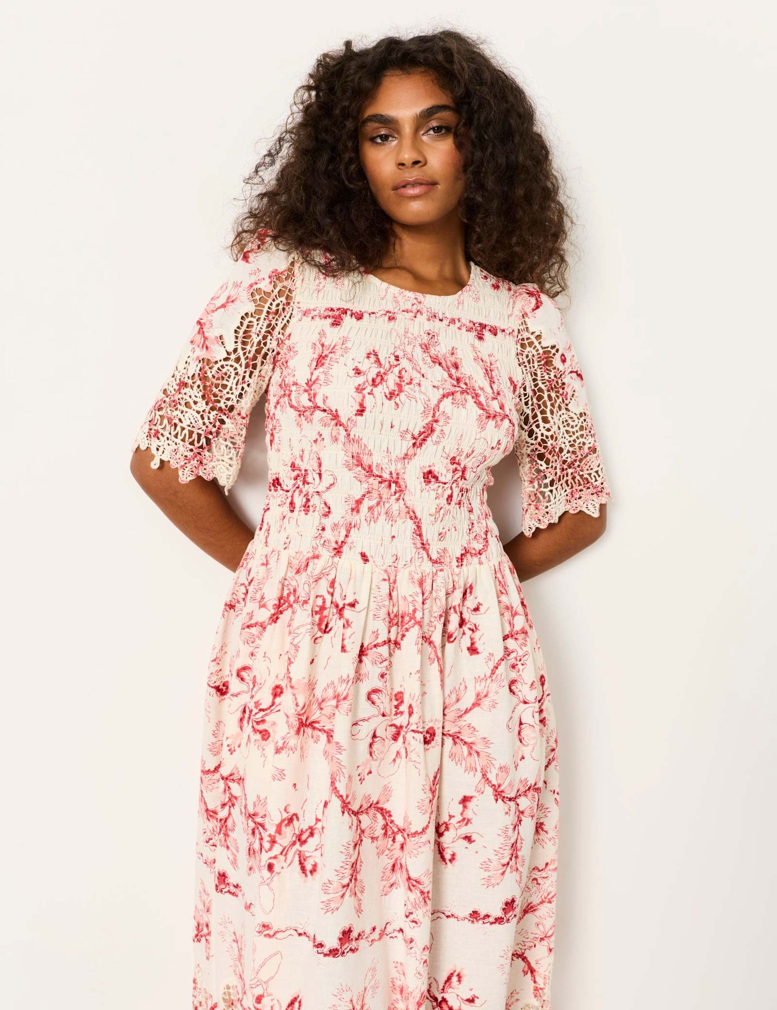 Cotton Rich Floral Lace Trim Midi Dress - image 5