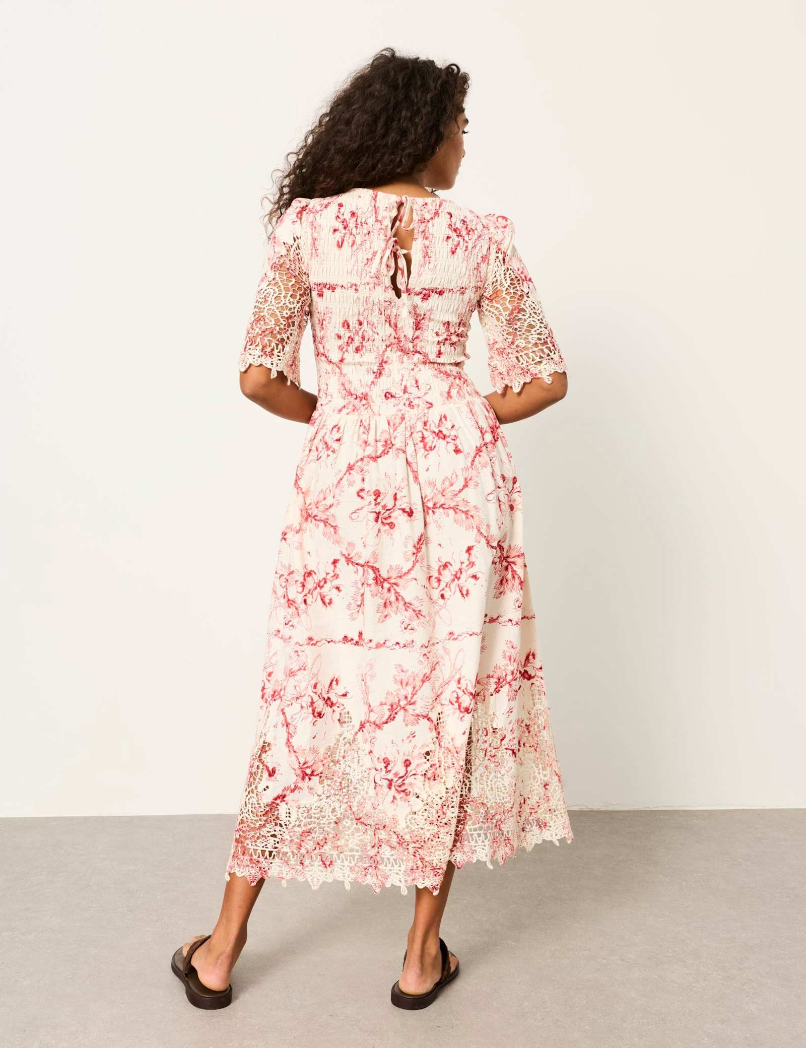 Cotton Rich Floral Lace Trim Midi Dress - image 4