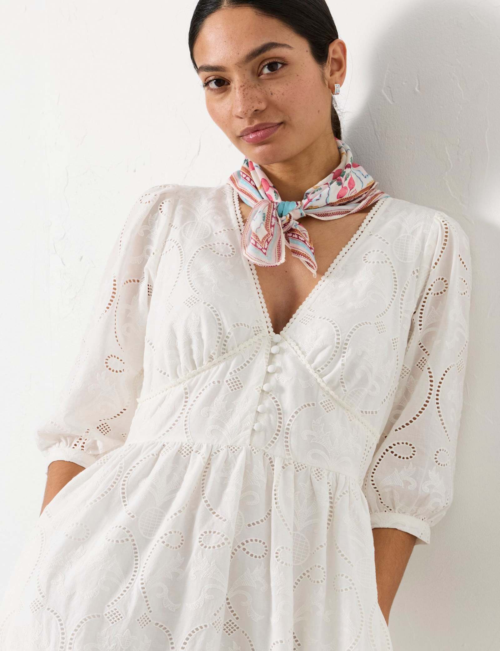 Pure Cotton Broderie V-Neck Midi Waisted Dress - image 5