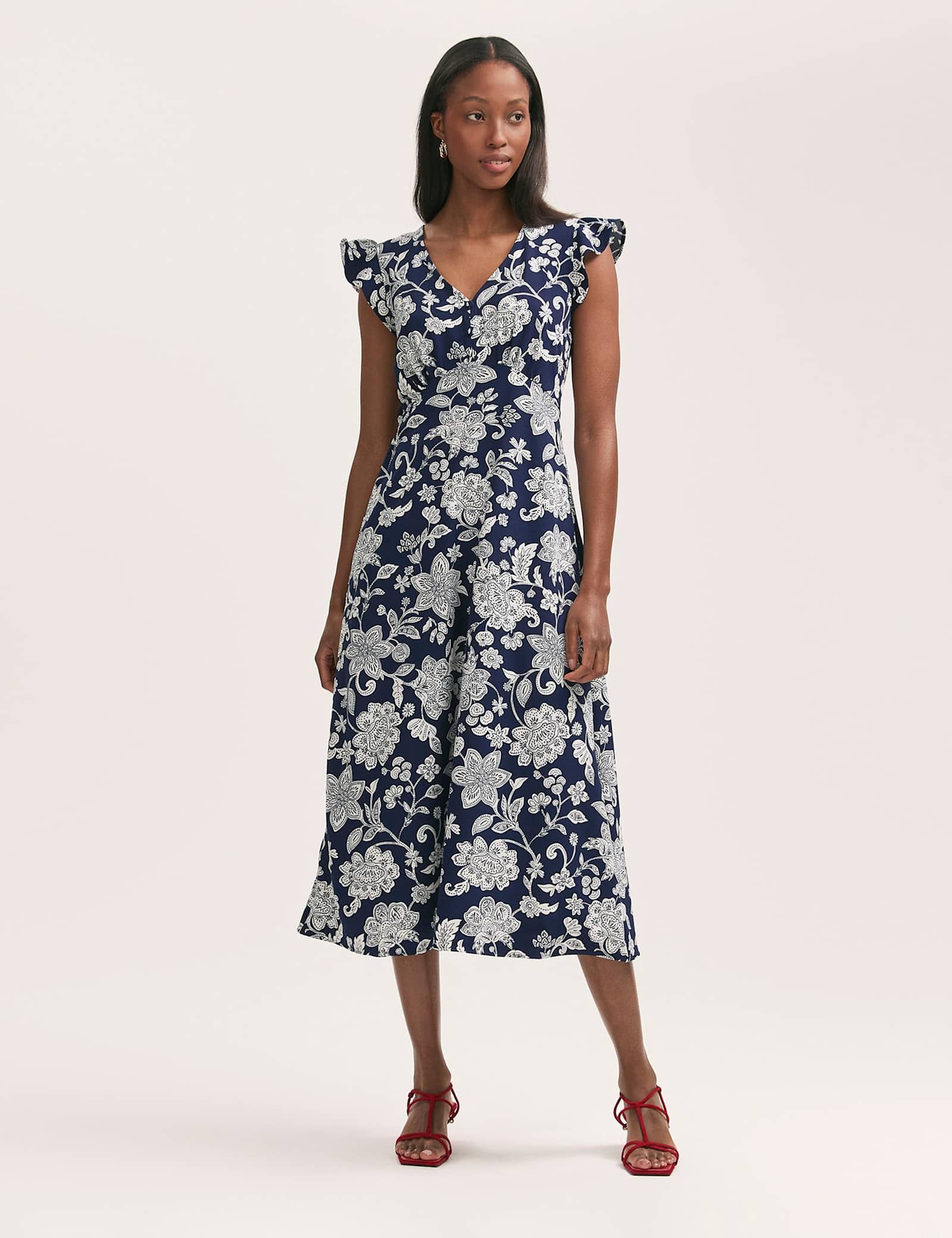 Printed V-Neck Ruffle Midi Tea Dress - image 2