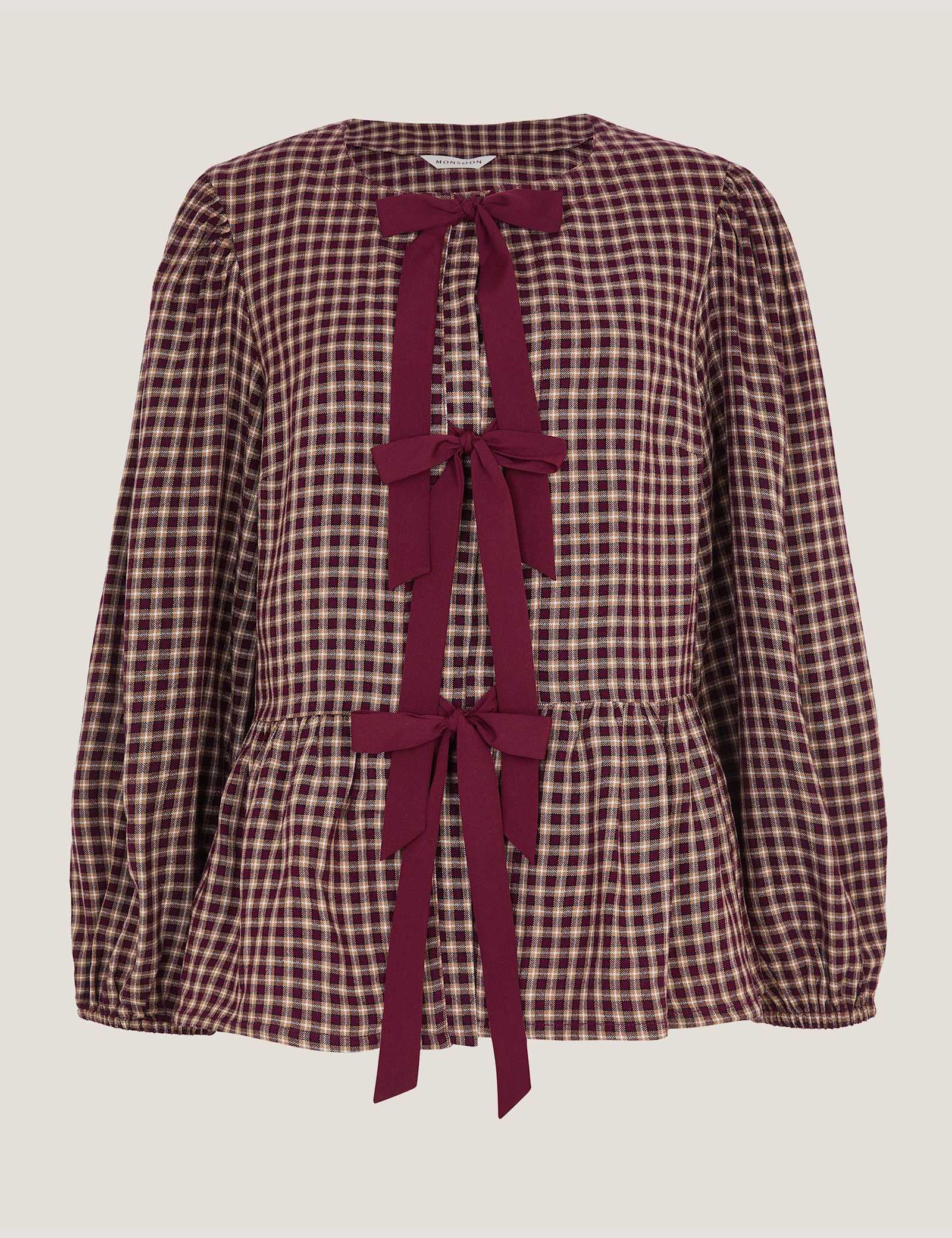 Check Tie Front Peplum Blouse - image 1