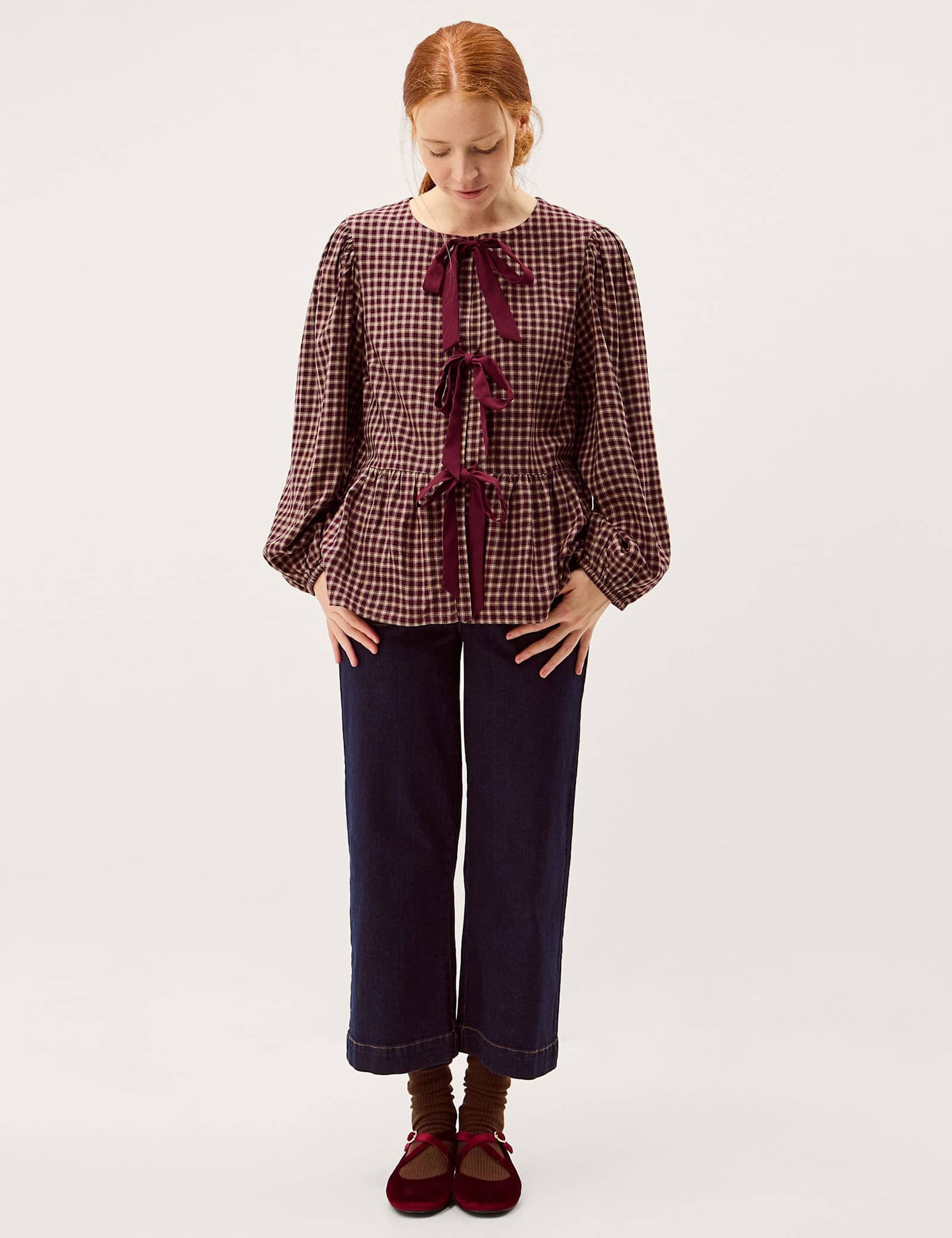 Check Tie Front Peplum Blouse - image 5
