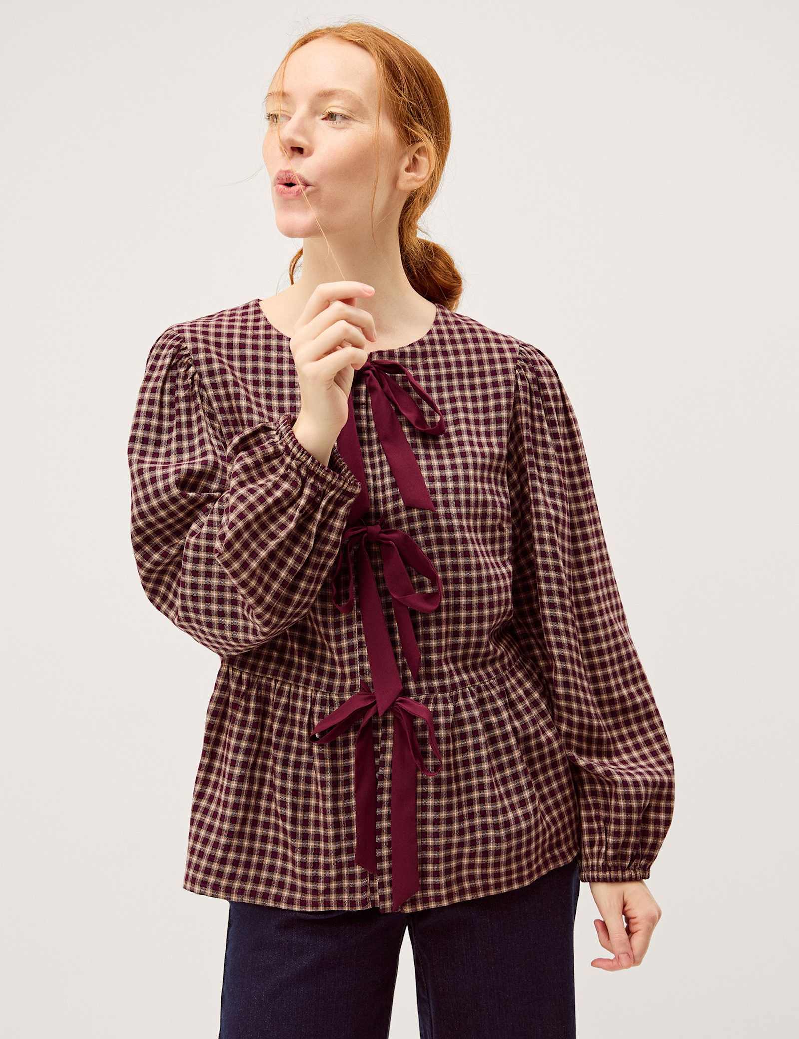 Check Tie Front Peplum Blouse - image 3
