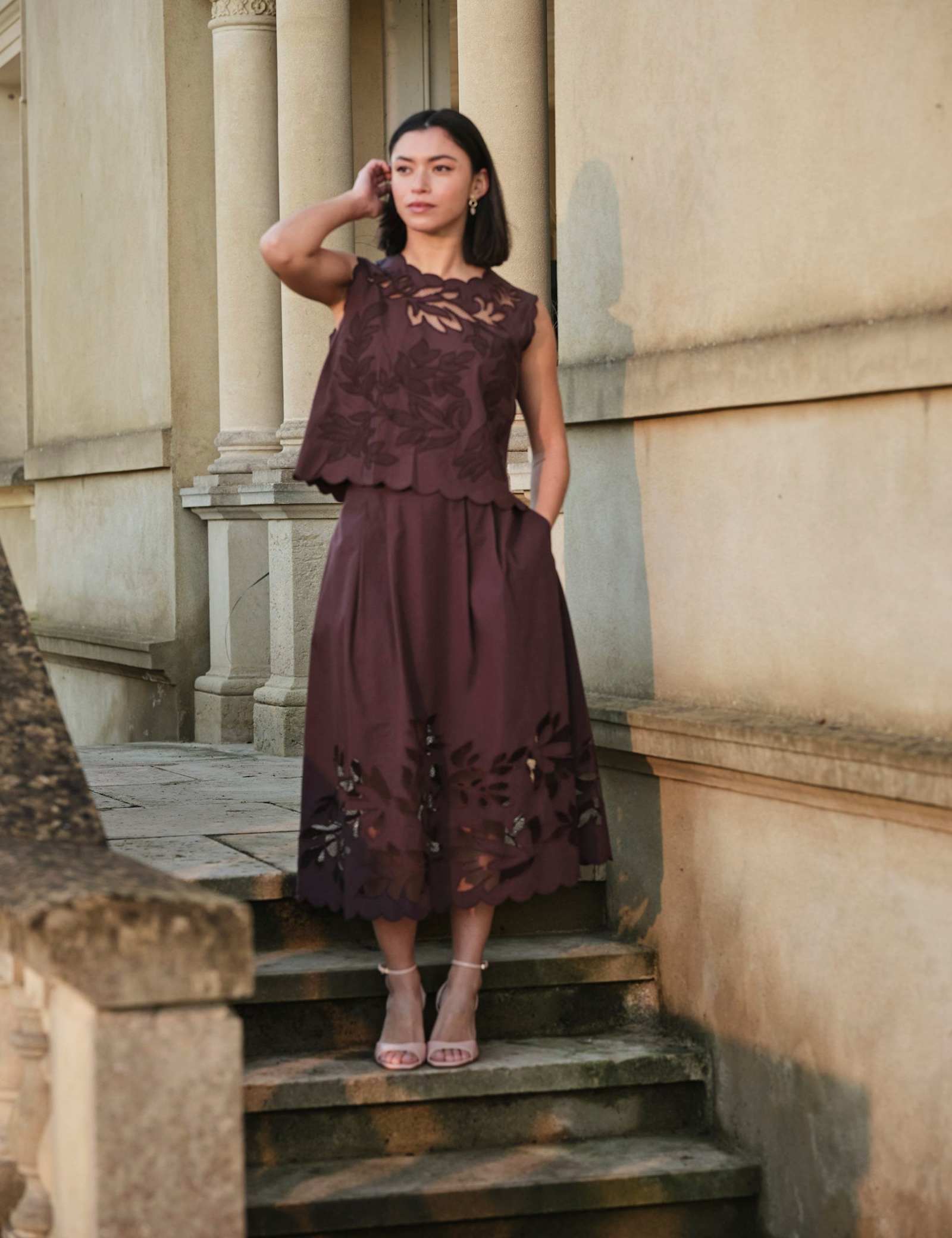 Pure Cotton Cutwork Detail Midi A-Line Skirt - image 3