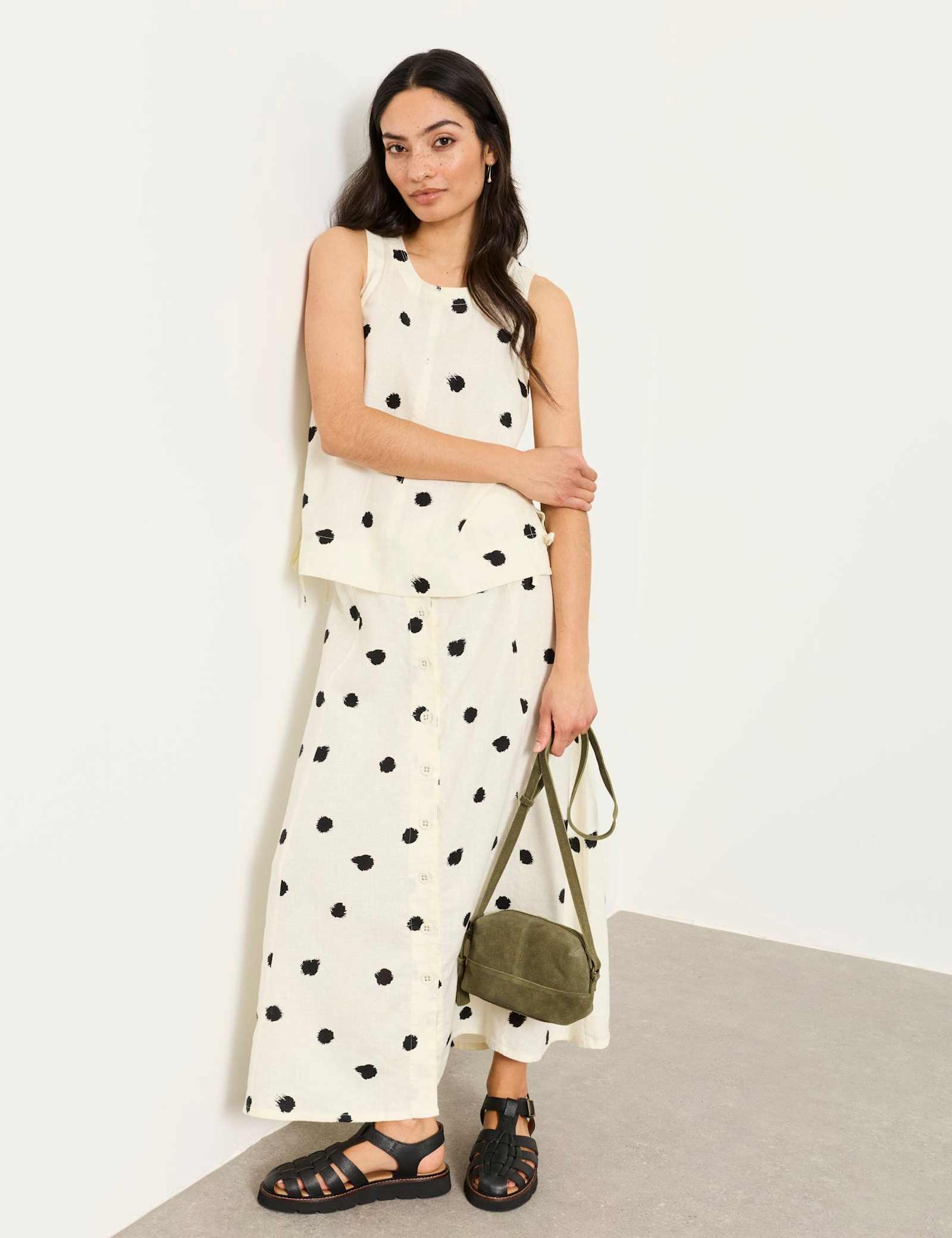 Pure Linen Spot Print Midi A-Line Skirt - image 2