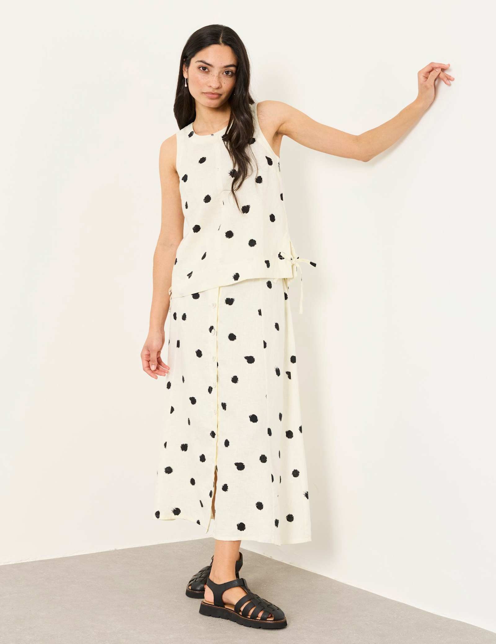 Pure Linen Spot Print Midi A-Line Skirt - image 3