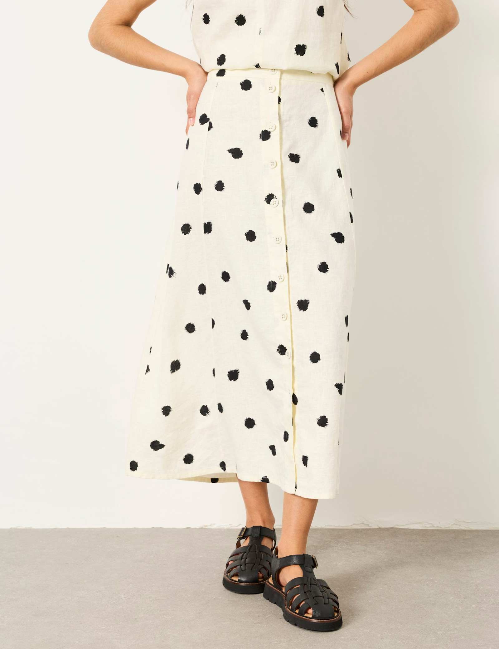 Pure Linen Spot Print Midi A-Line Skirt - image 5