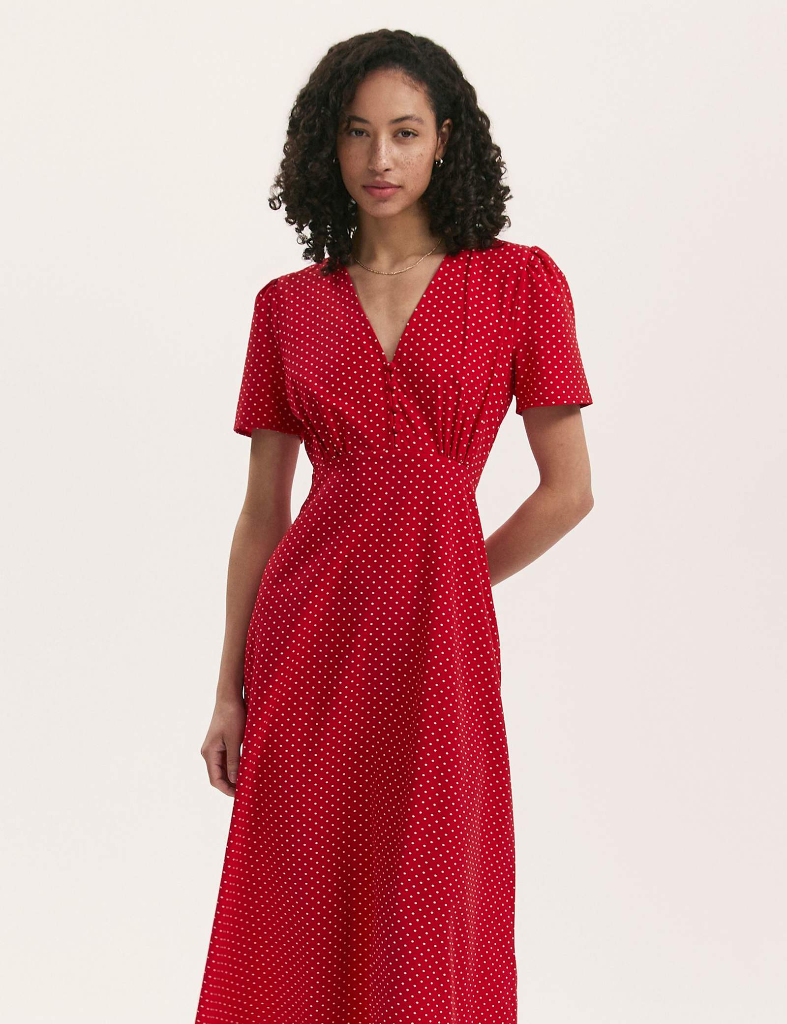 Polka Dot V-Neck Midi Tea Dress - image 3