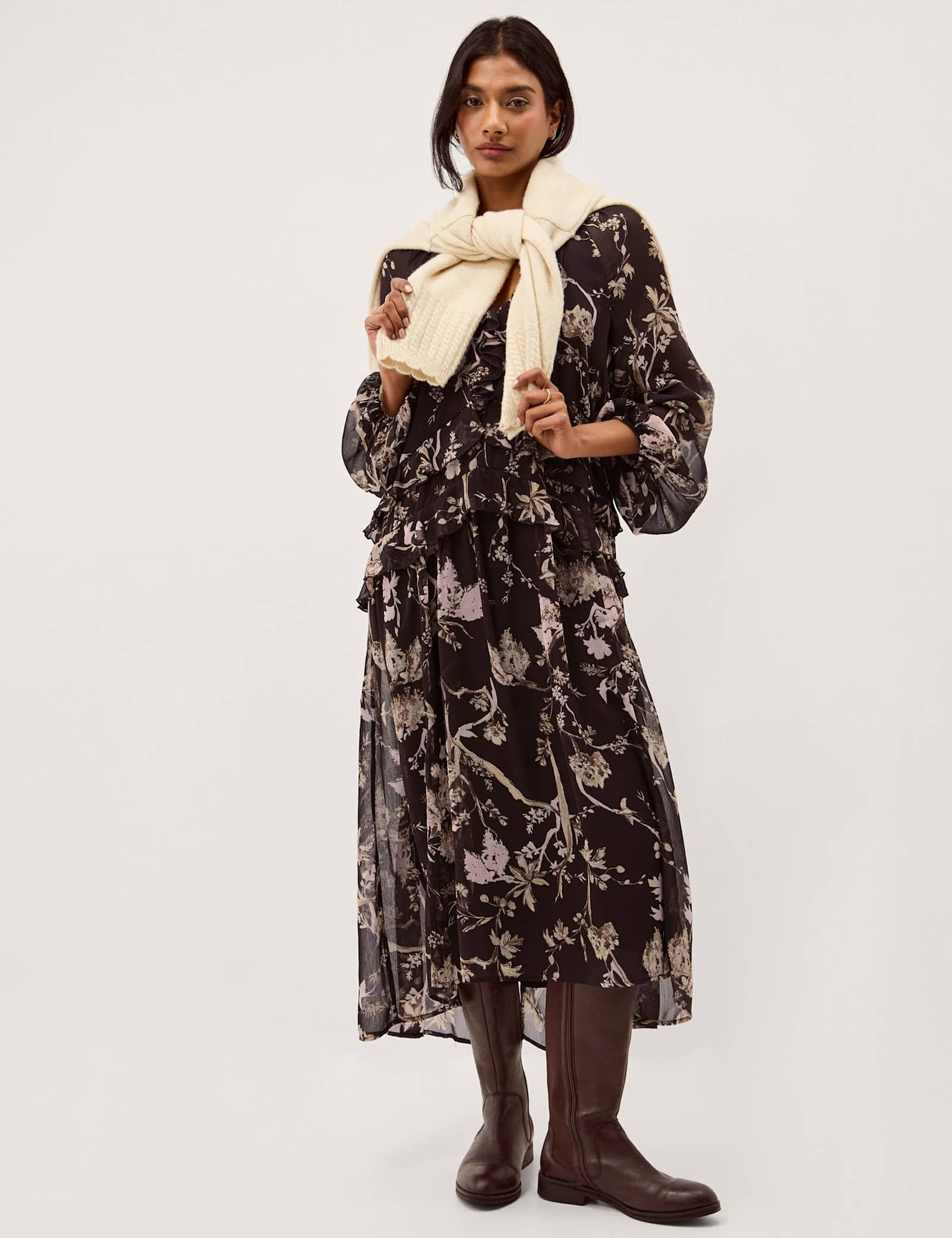 Floral Notch Neck Ruffle Midi Smock Dress - image 5
