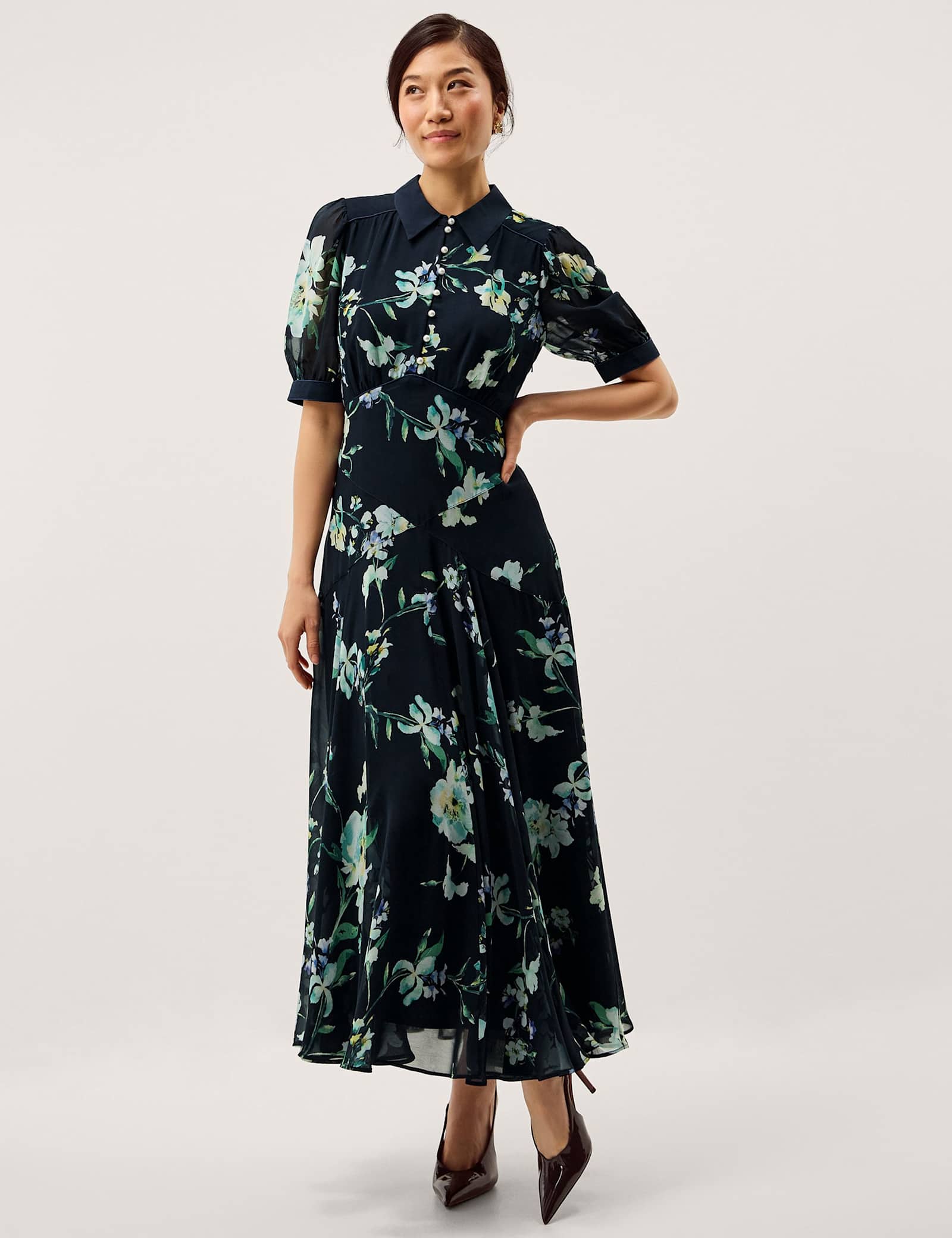 Floral Button Front Midi Tea Dress - image 1