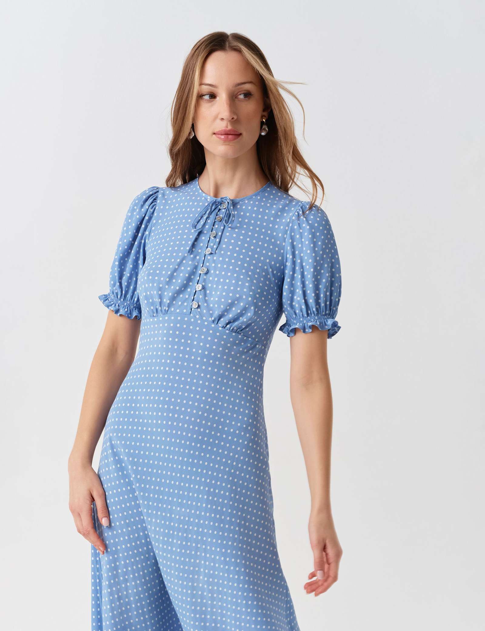 Polka Dot Tie Neck Midi Tea Dress - image 3