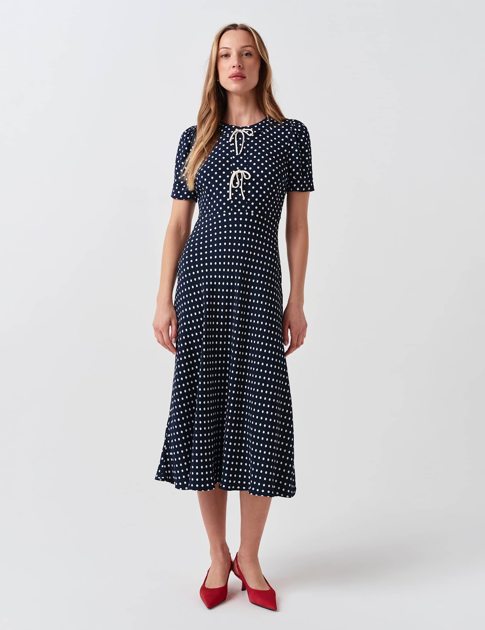 Polka Dot Tie Detail Midi Tea Dress - image 1