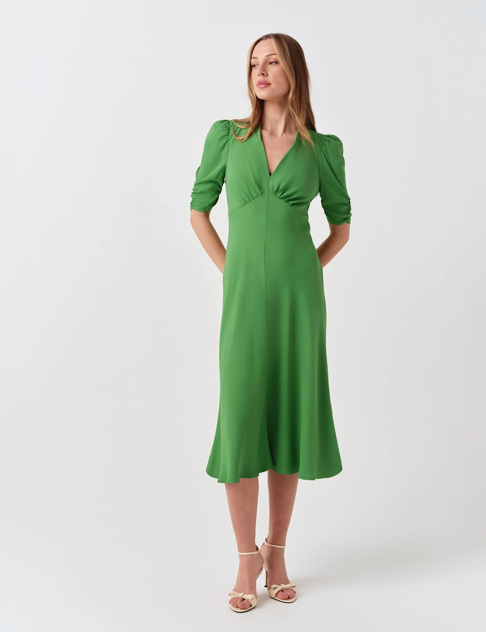 Crepe V-Neck Midi Tea Dress - image 1