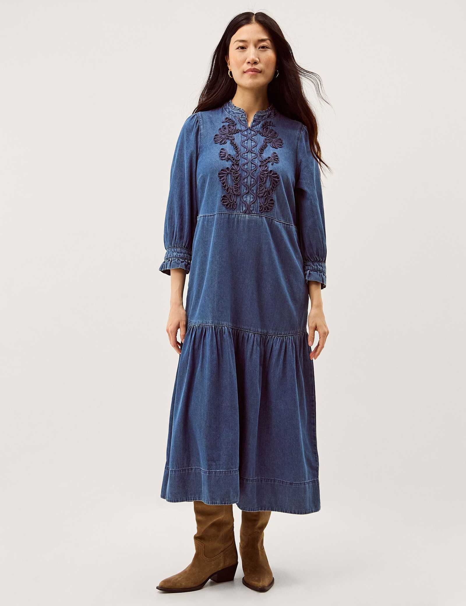 Denim Embroidered Midi Tiered Dress - image 2