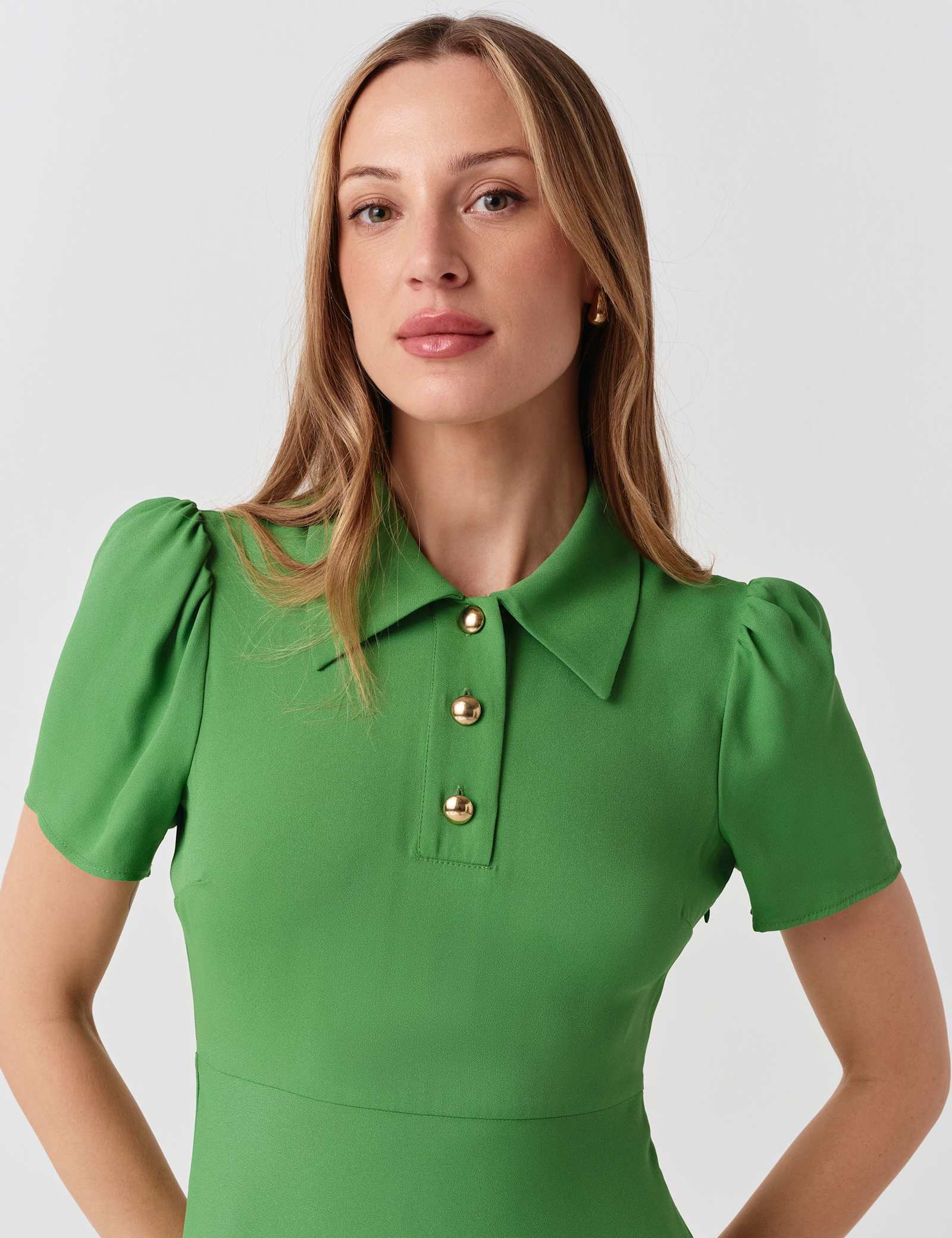 Crepe Collared Puff Sleeve Midi Shirt Dress - image 4