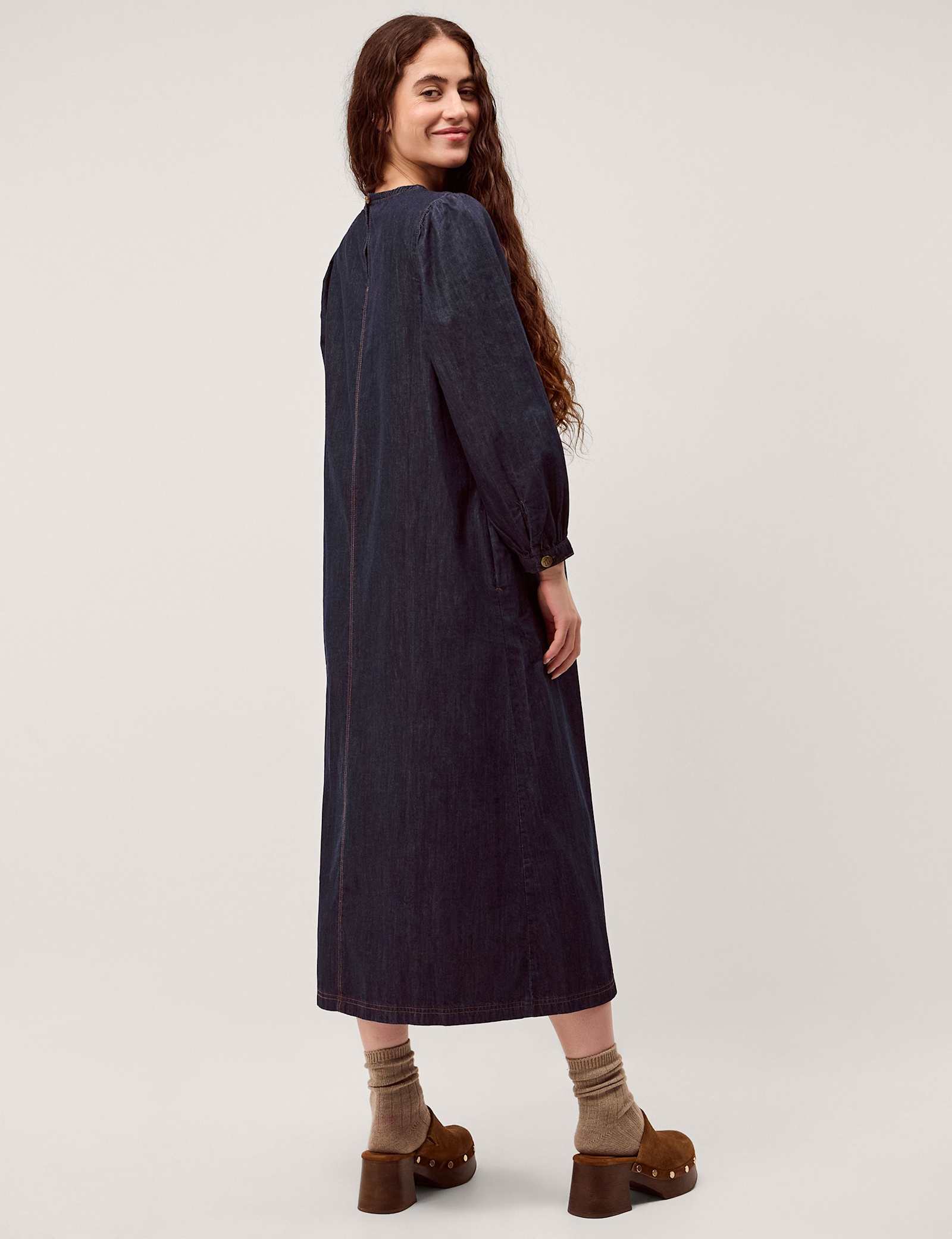 Pure Cotton Denim Pintuck Midi Smock Dress - image 4