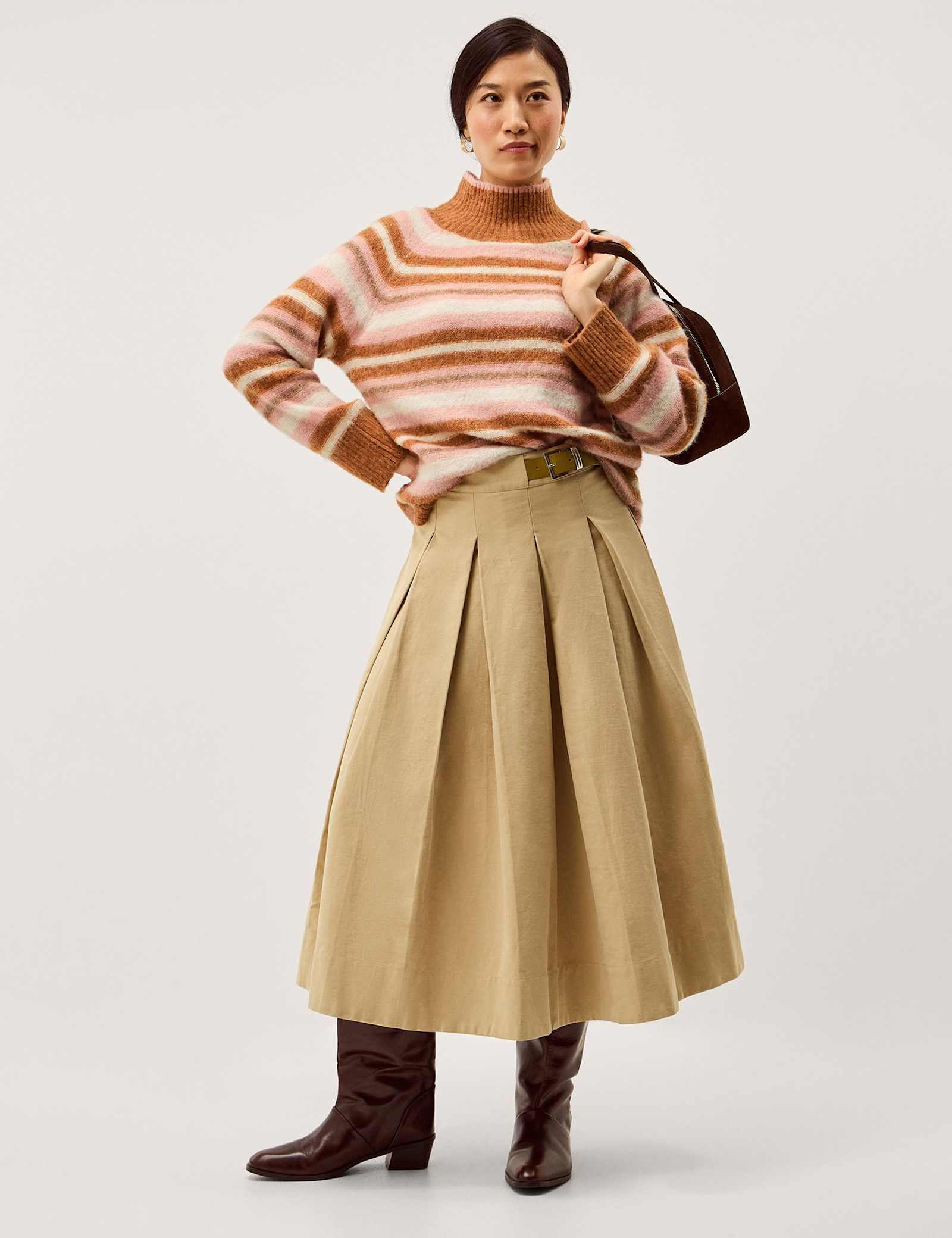 Striped Funnel Neck Longline Jumper with Wool - image 5