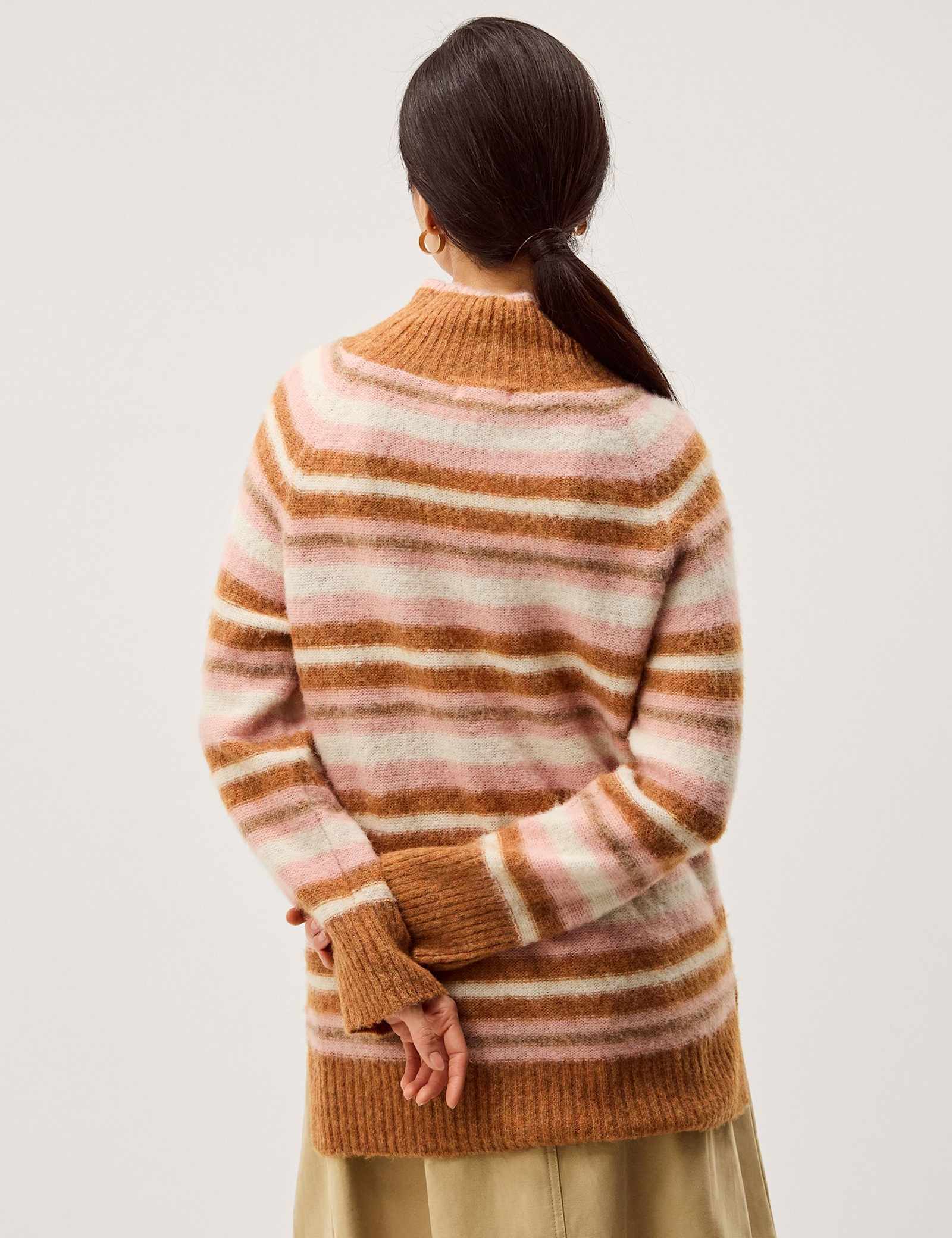 Striped Funnel Neck Longline Jumper with Wool - image 4