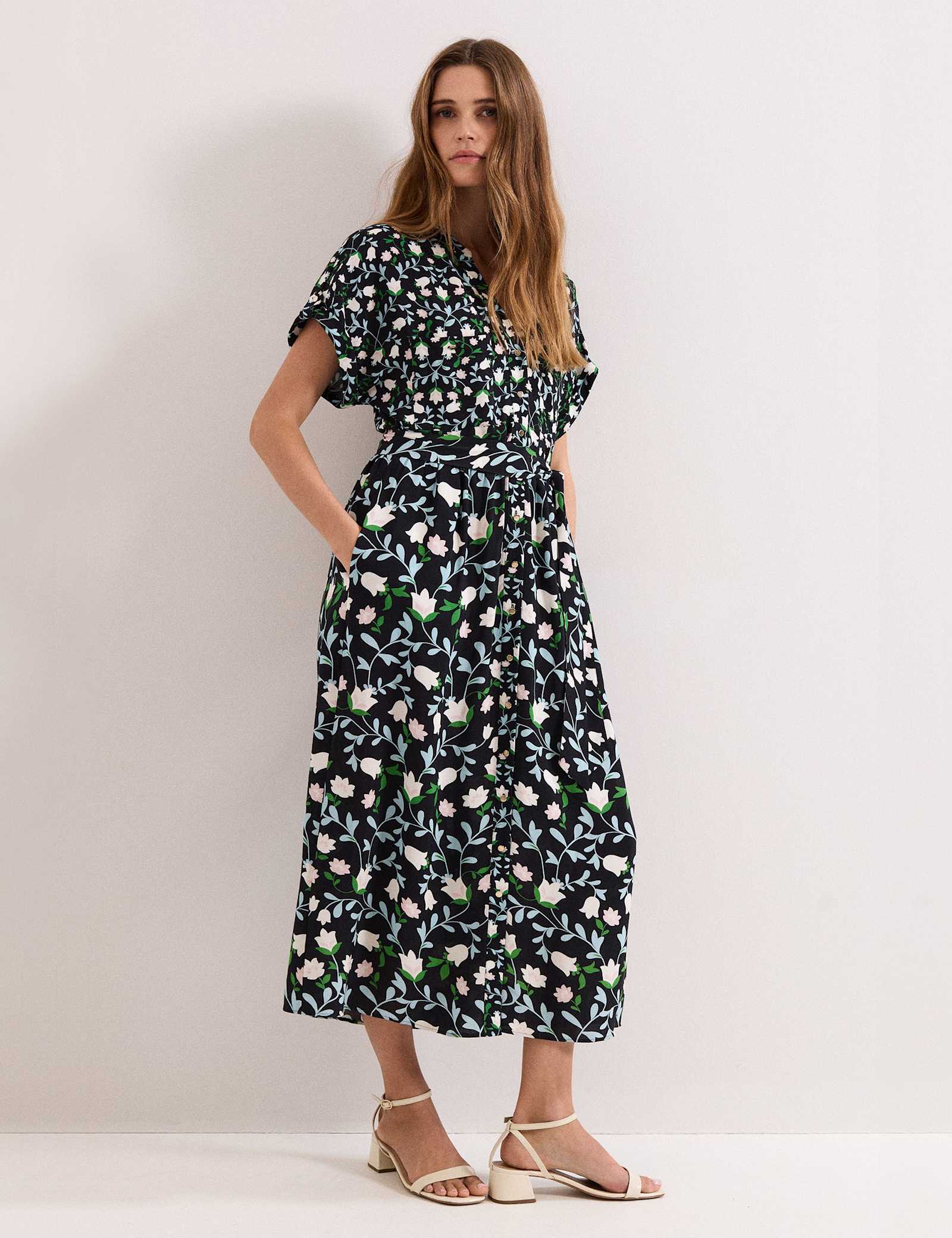 Linen Rich Floral V-Neck Midi Shirt Dress - image 2