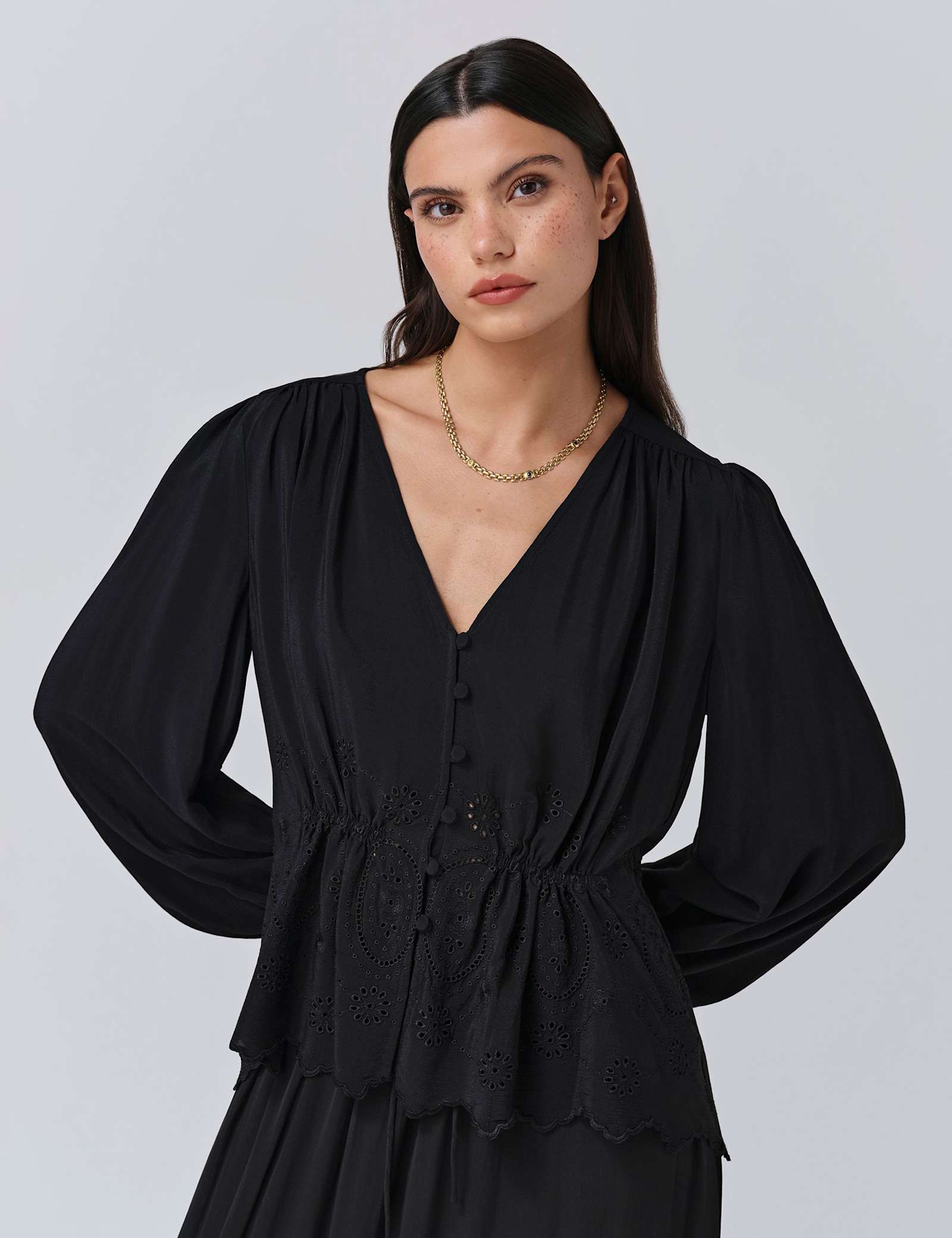 Crepe Broderie V-Neck Blouse - image 2