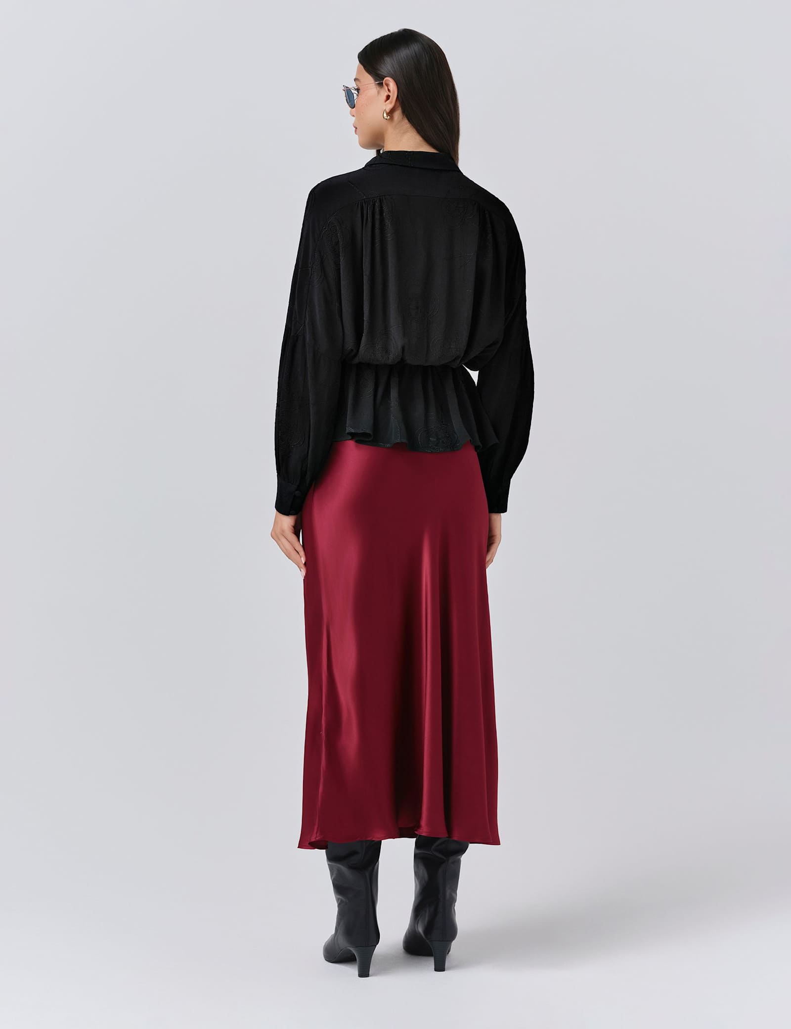 Crepe Embroidered Tie Neck Blouson Sleeve Blouse - image 3