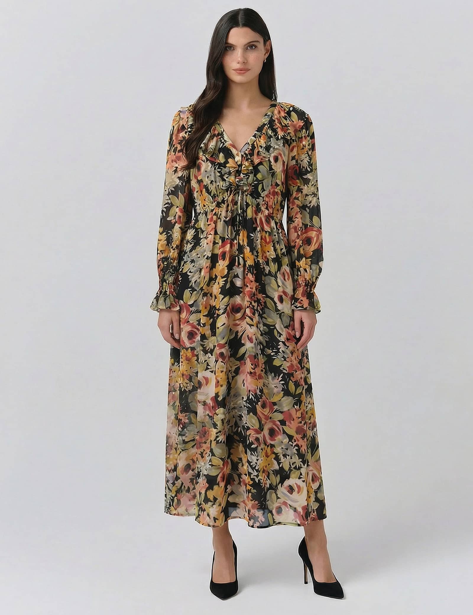 Crepe Floral V-Neck Midi Tea Dress - image 1