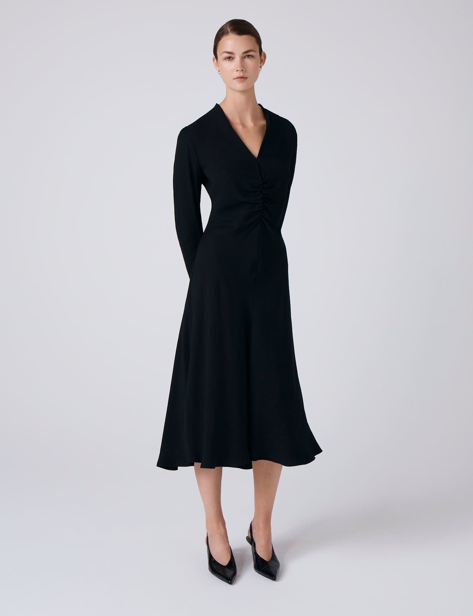 Crepe V-Neck Ruched Midi Skater Dress - image 1
