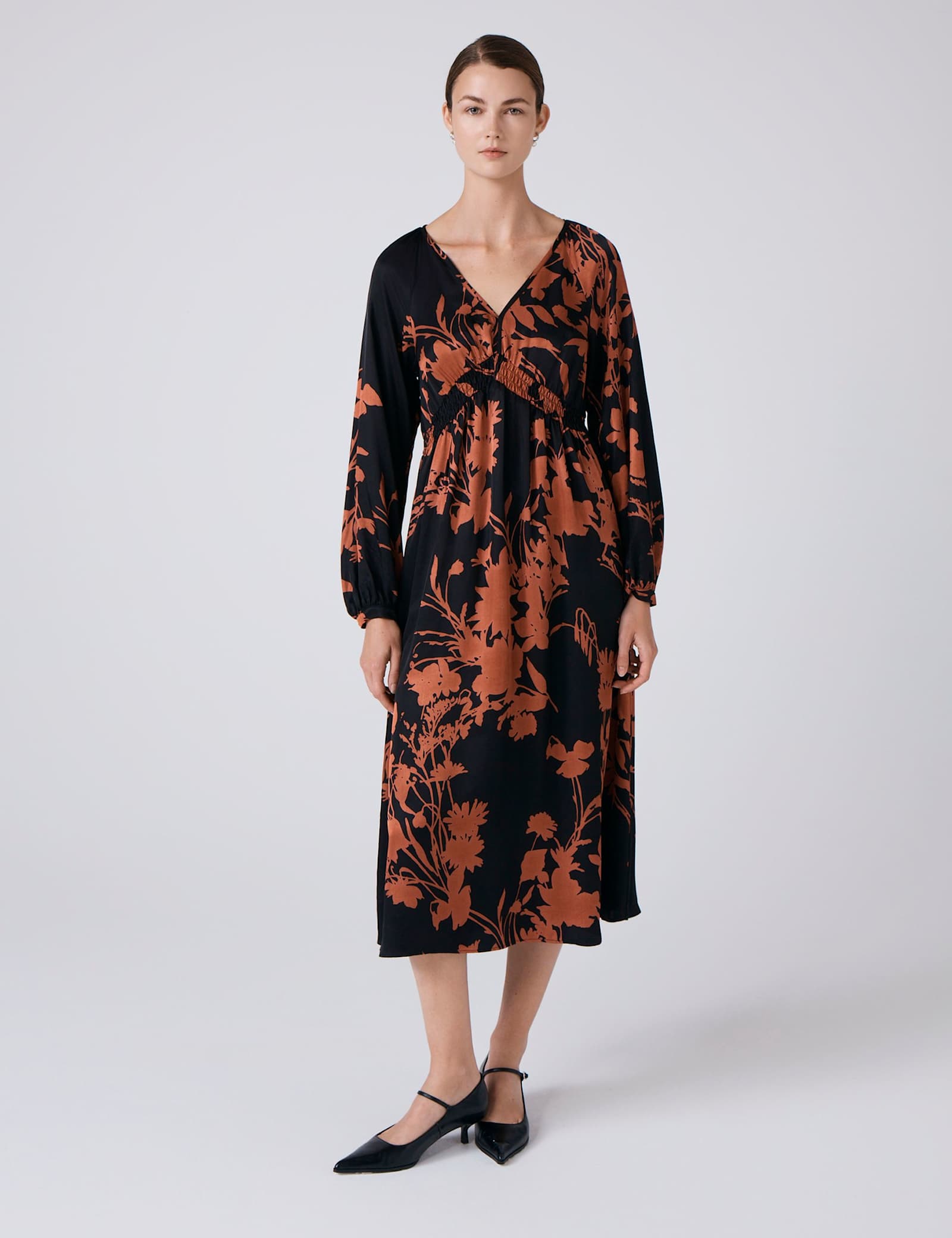 Satin Floral V-Neck Midi Waisted Dress - image 1