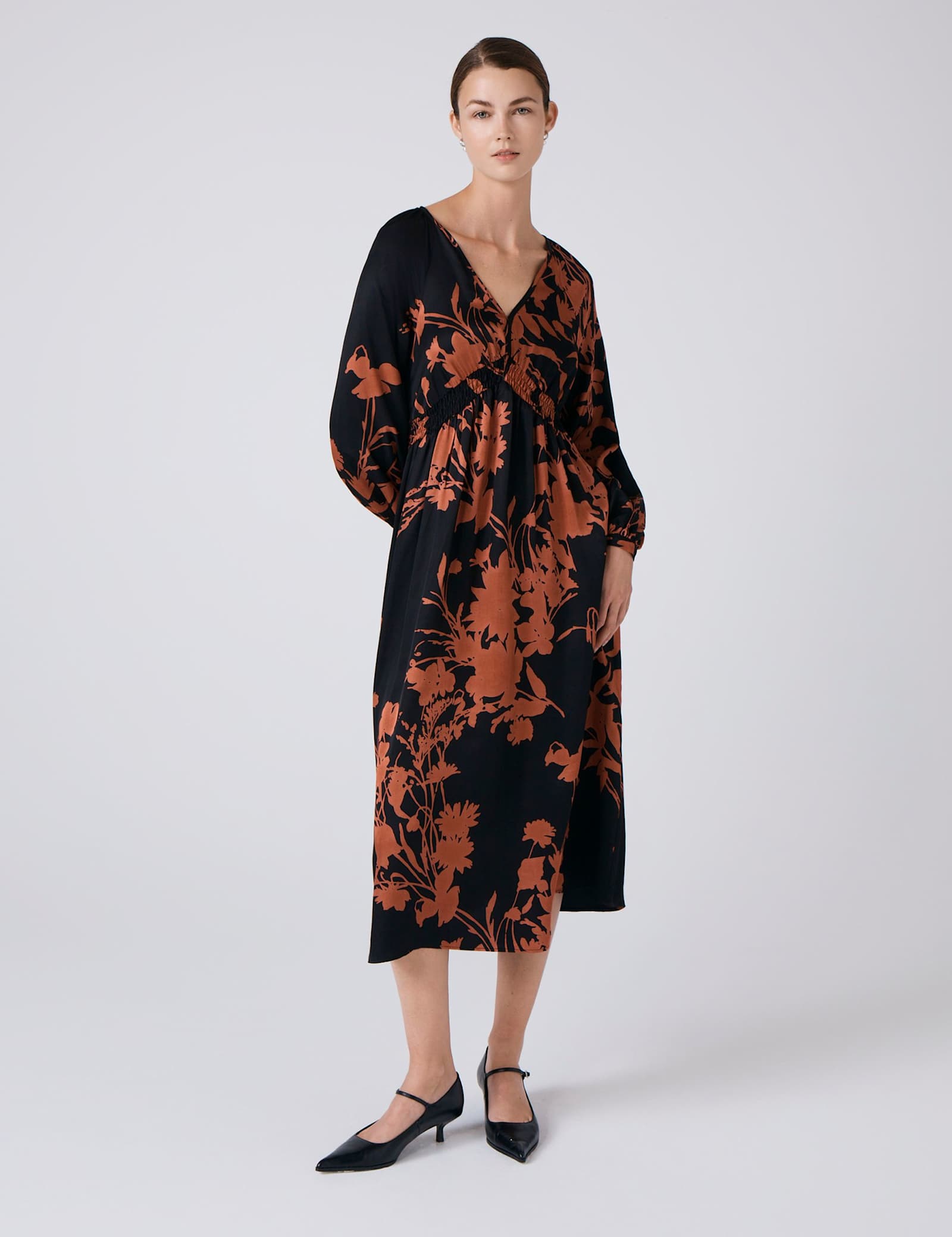 Satin Floral V-Neck Midi Waisted Dress - image 3