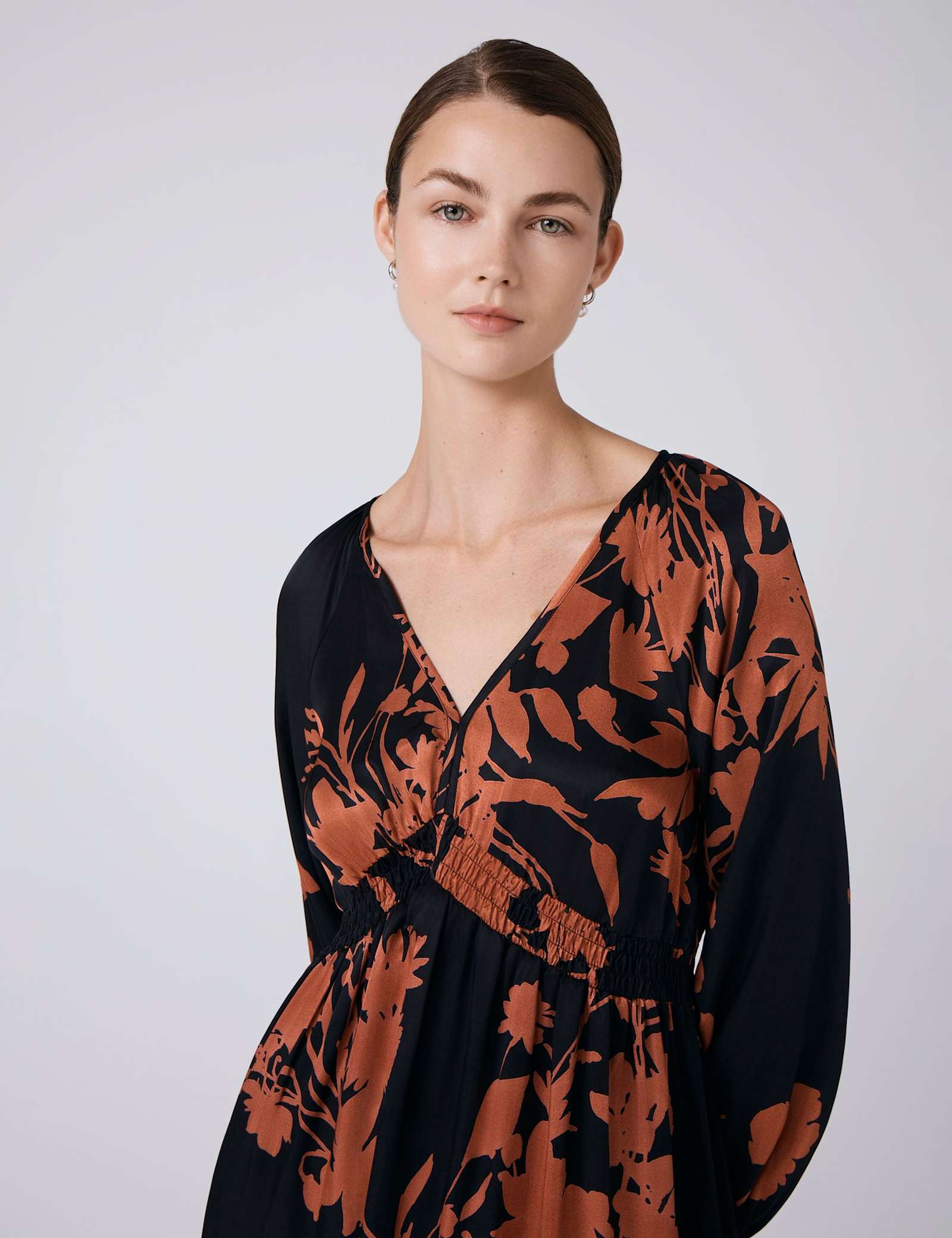 Satin Floral V-Neck Midi Waisted Dress - image 2