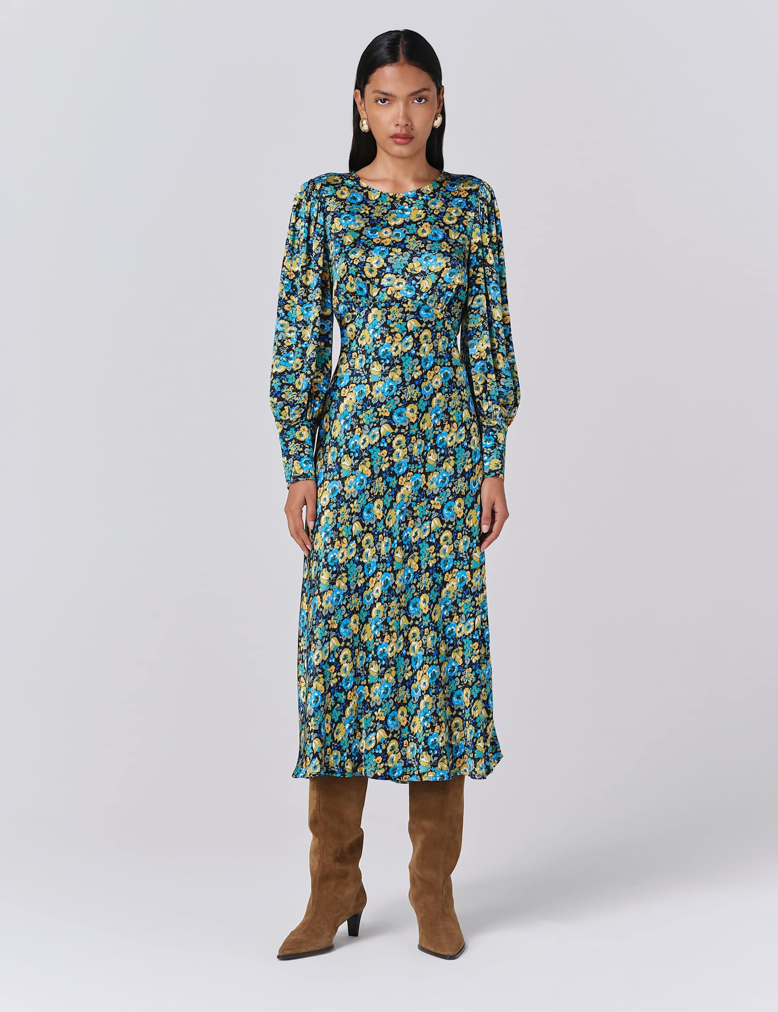 Satin Floral Round Neck Midi Tea Dress - image 1