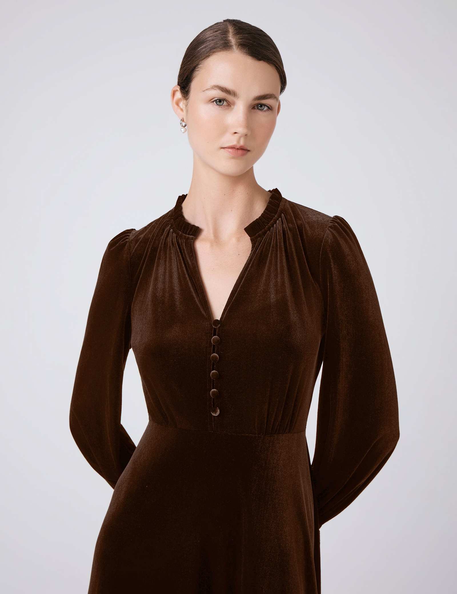 Velvet V-Neck Button Front Midi Skater Dress - image 2