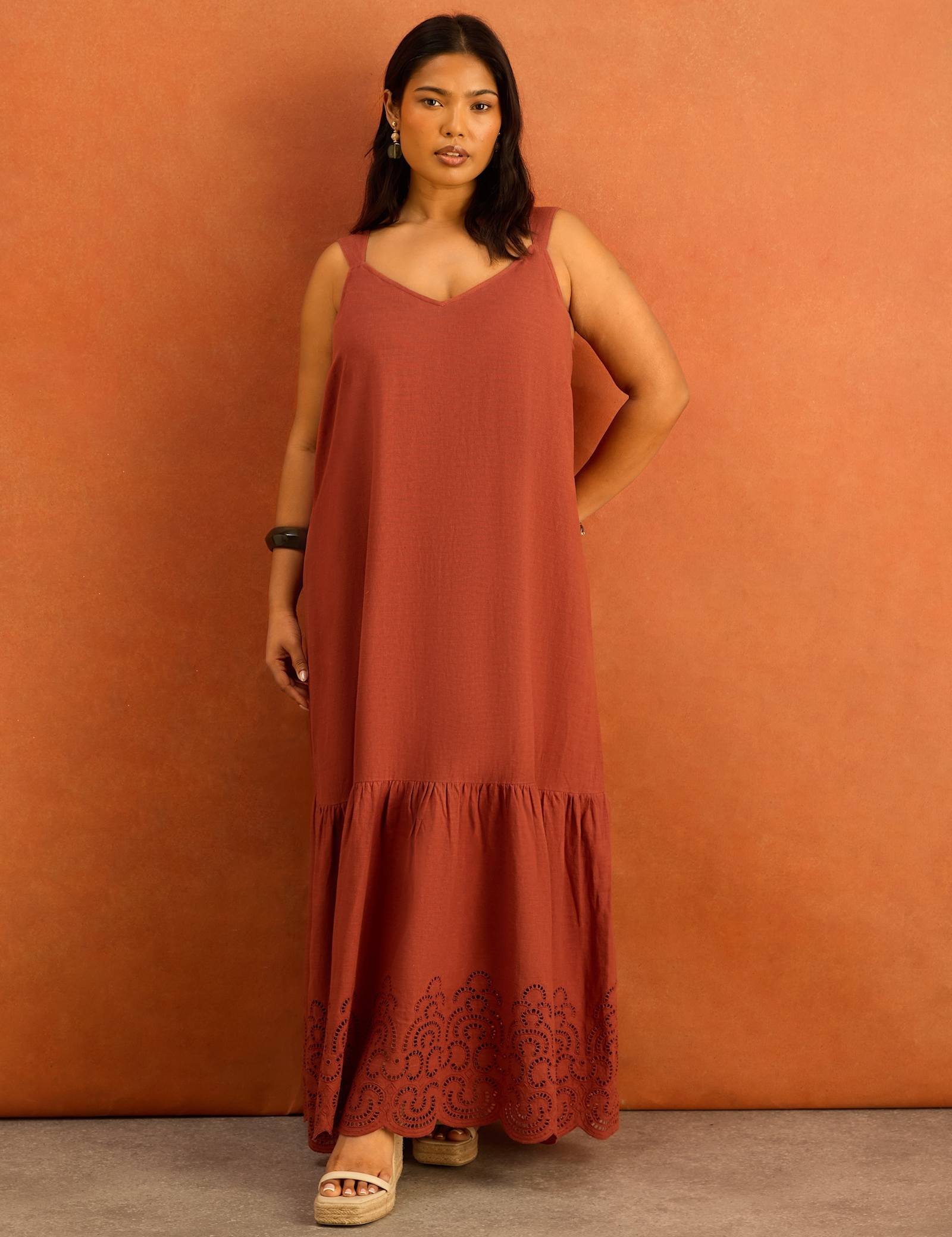 Linen Blend Broderie V-Neck Maxi Dress - image 3
