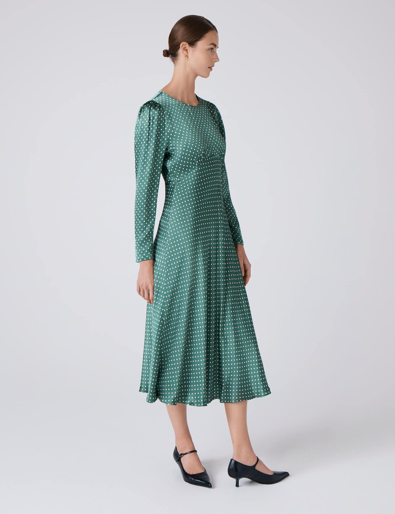 Satin Polka Dot Round Neck Midi Skater Dress - image 2