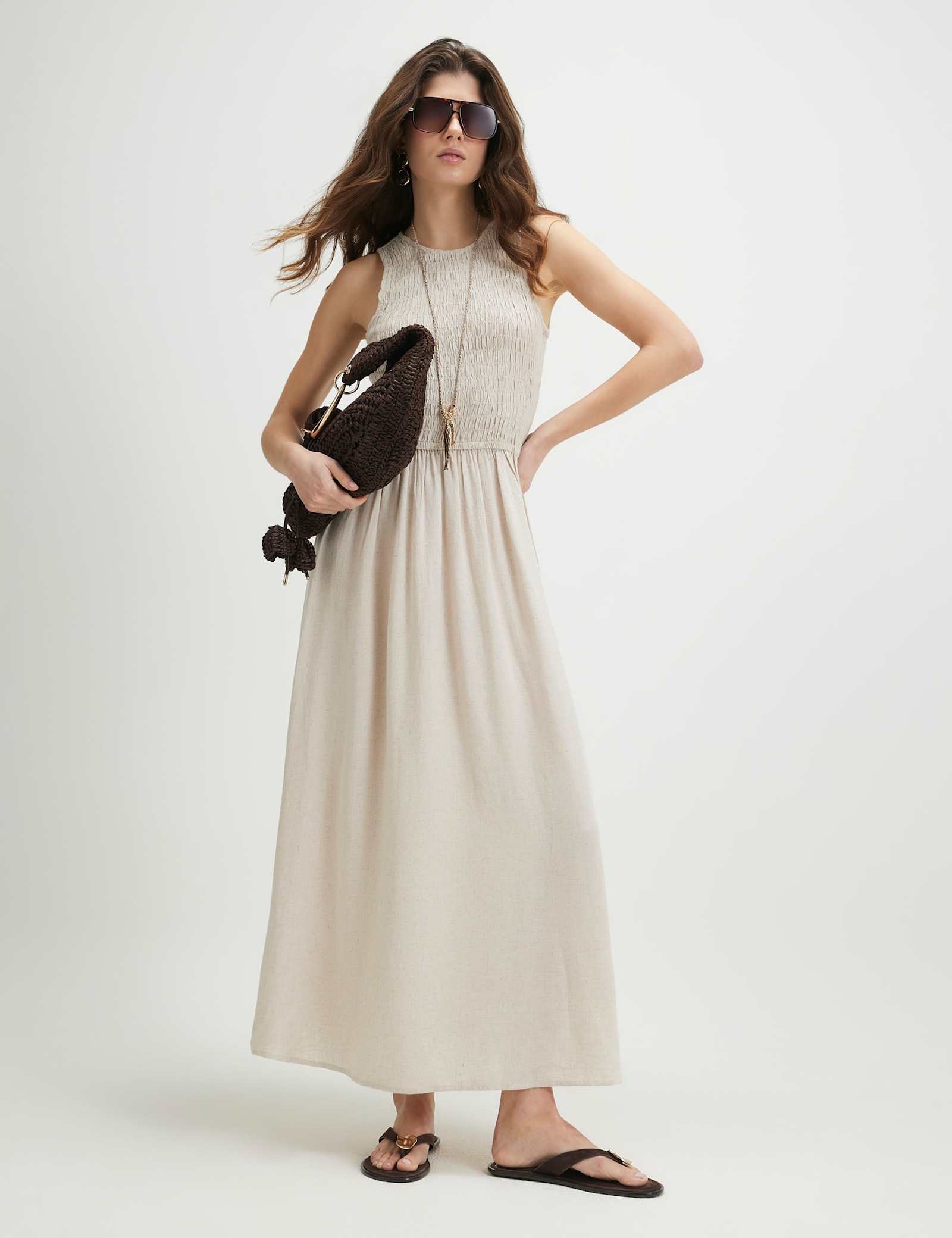 Textured Midi Shirred Dress with Linen - image 1