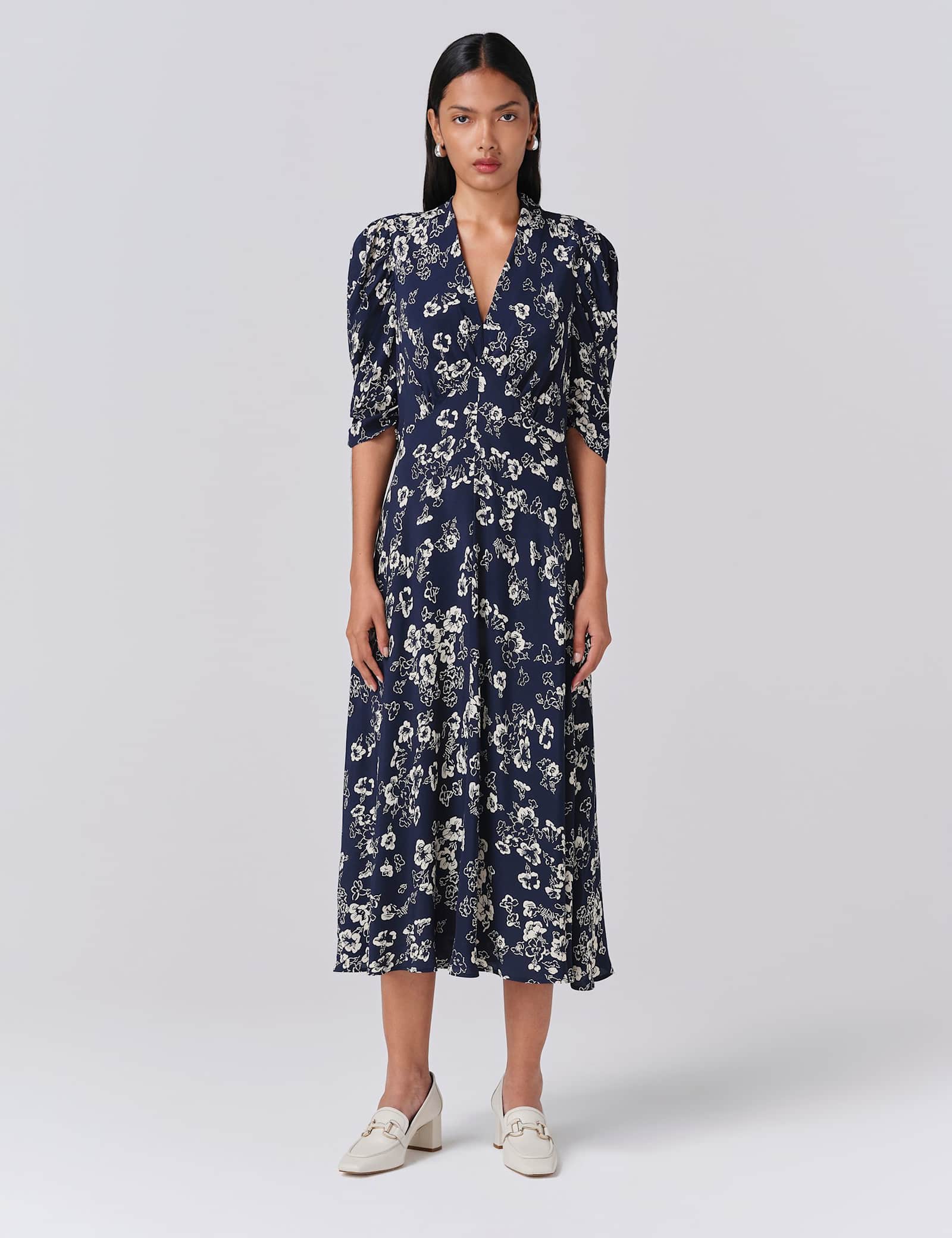 Crepe Floral V-Neck Midi Wrap Dress - image 1