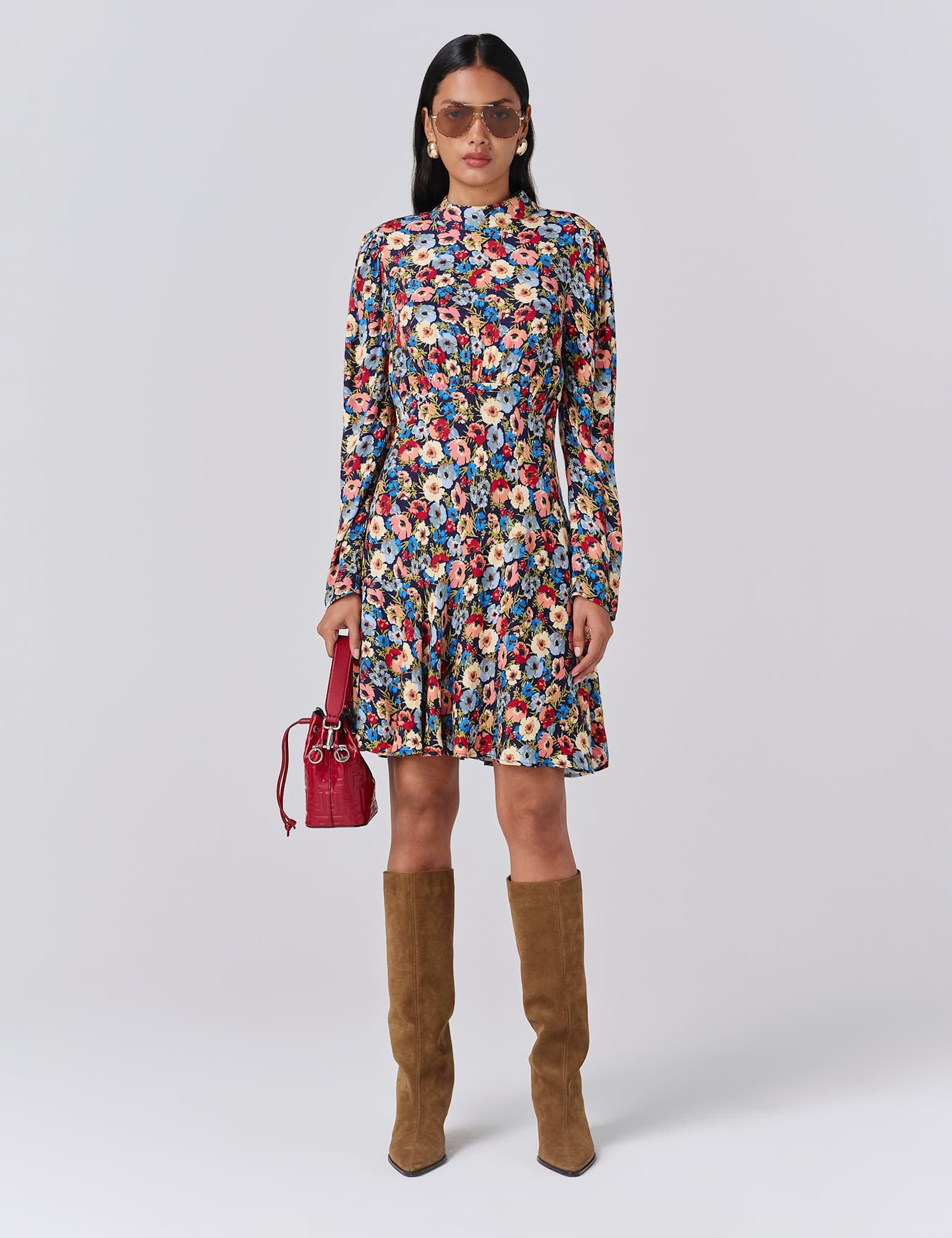 Crepe Floral Knee Length Skater Dress - image 1