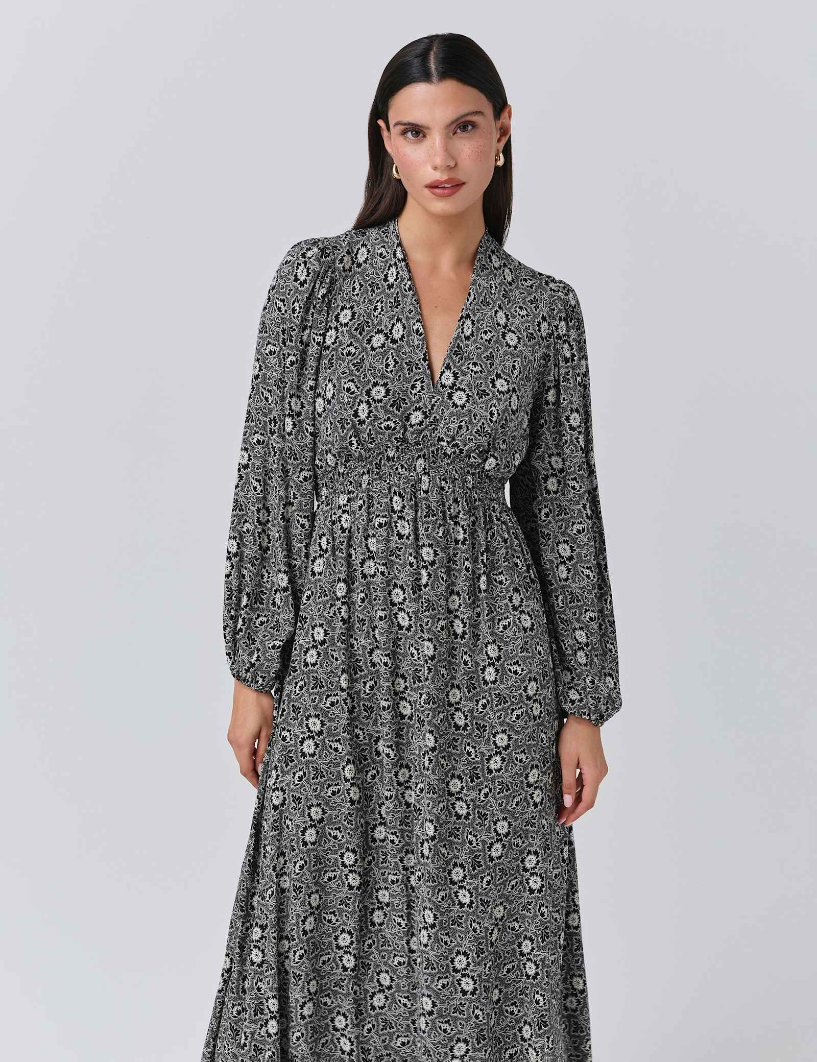 Crepe Floral V-Neck Midi Waisted Dress - image 3