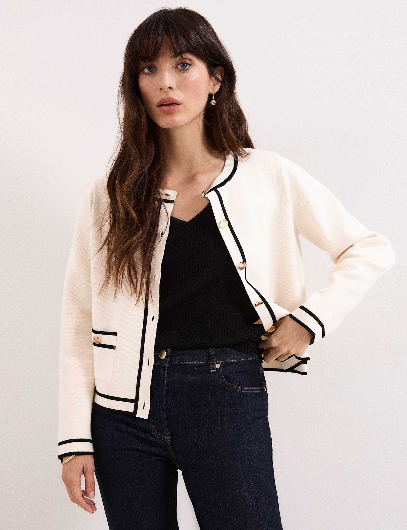 Cotton Rich Crew Neck Tipped Detail Cardigan - image 1