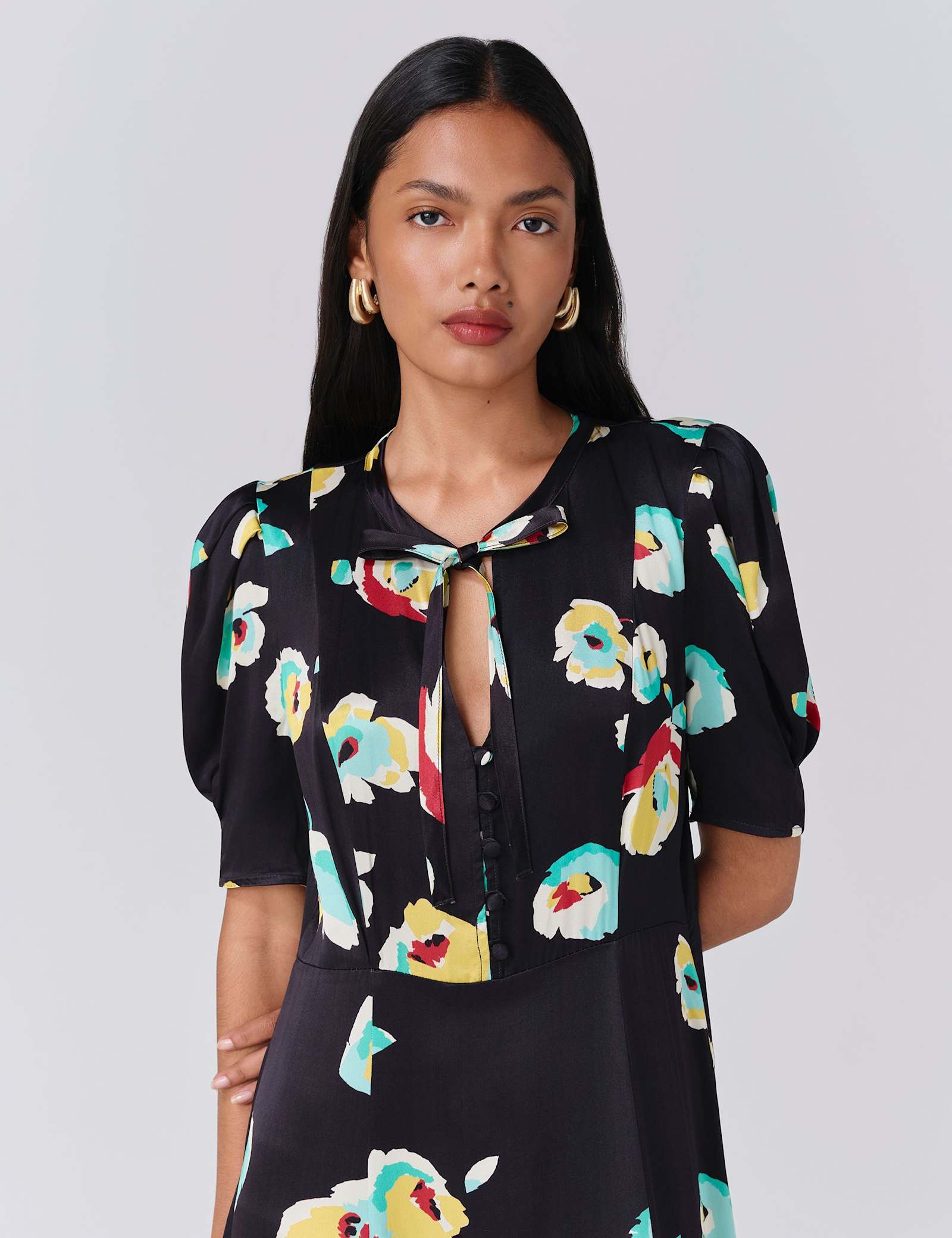 Satin Floral Tie Neck Midi Tea Dress - image 2