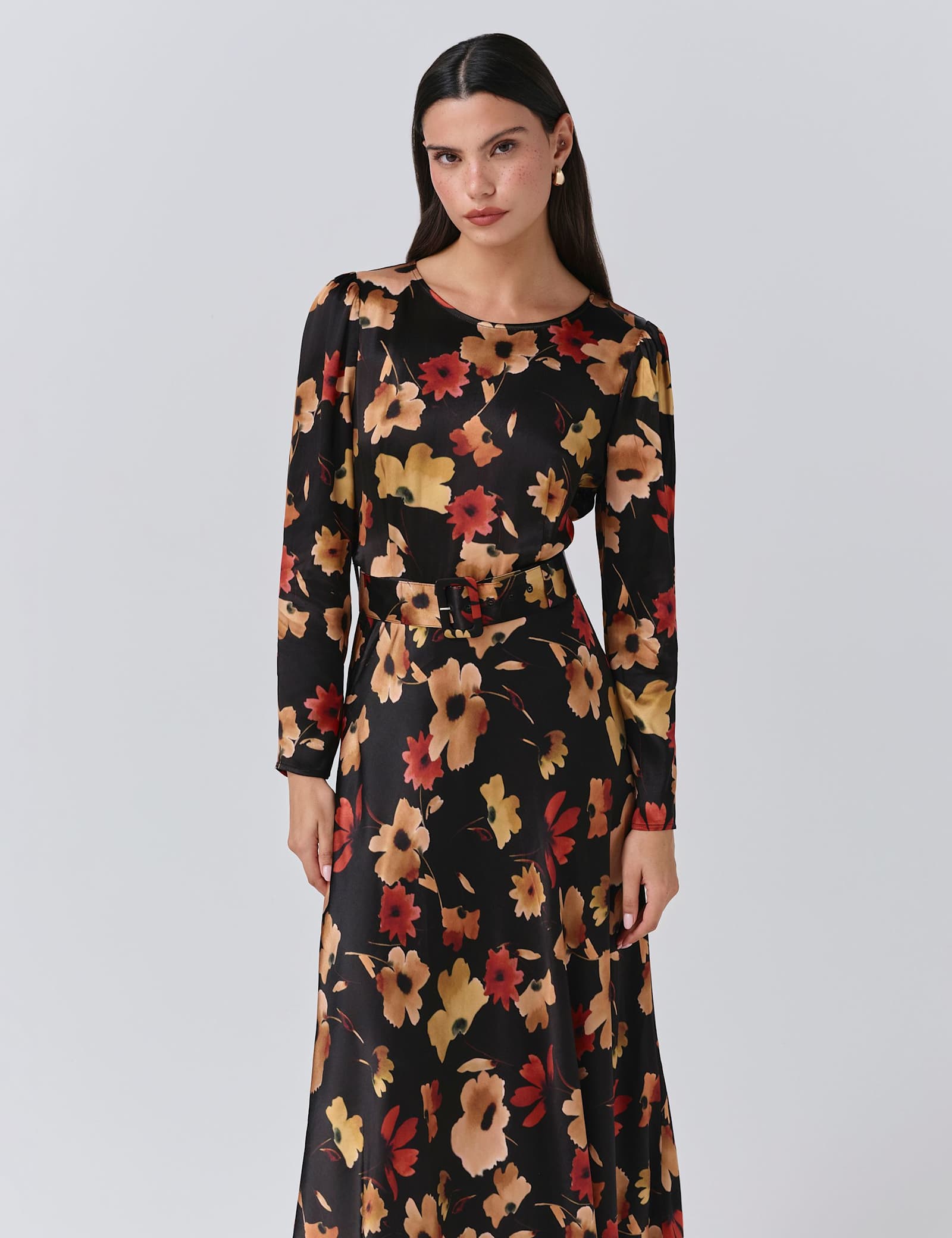 Satin Floral Belted Midi Dress - image 3