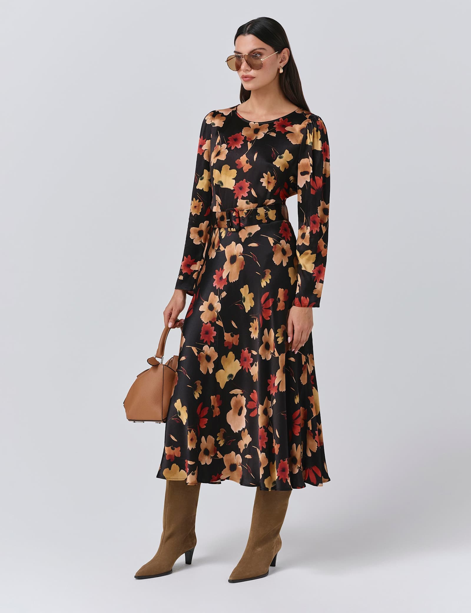 Satin Floral Belted Midi Dress - image 2