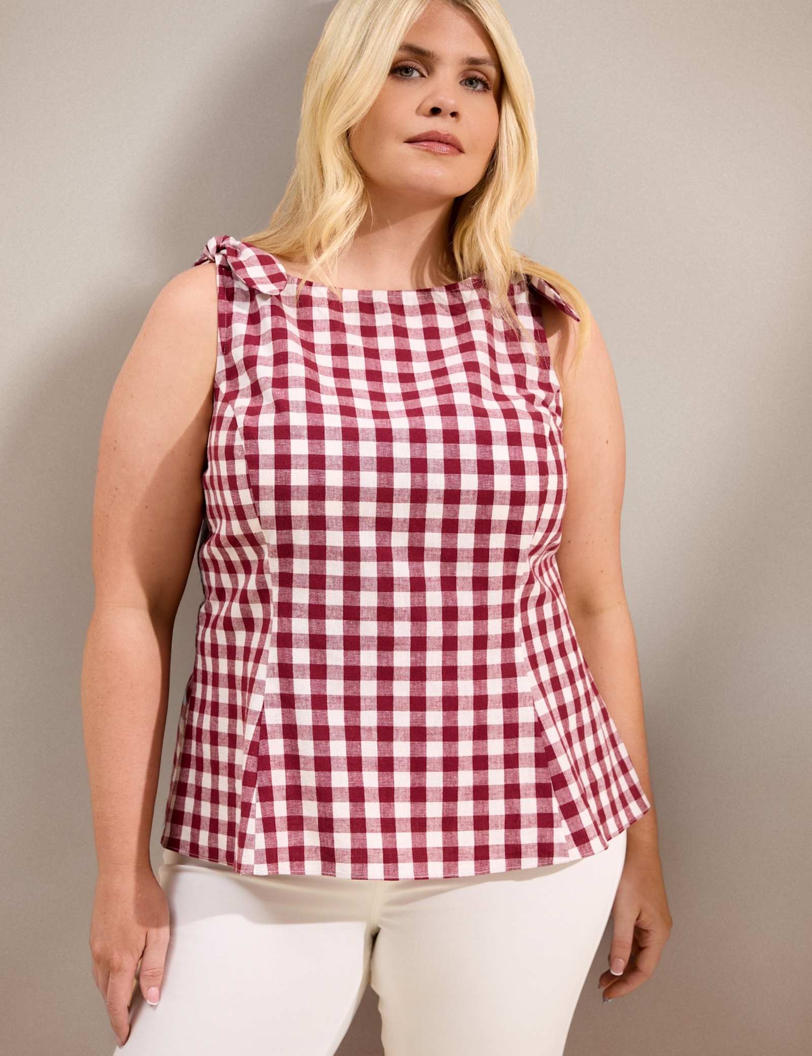 Cotton Rich Checked Peplum Top with Linen - image 1