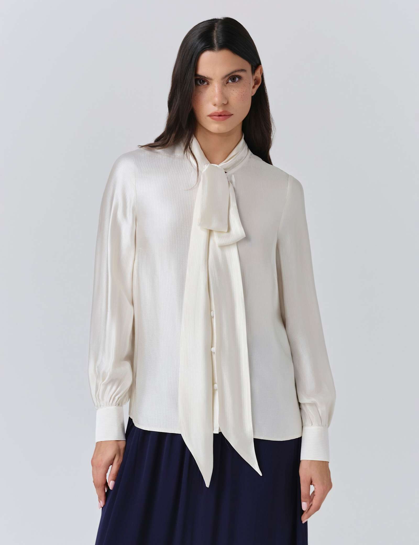 Satin Tie Neck Button Through Blouson Sleeve Blouse - image 1