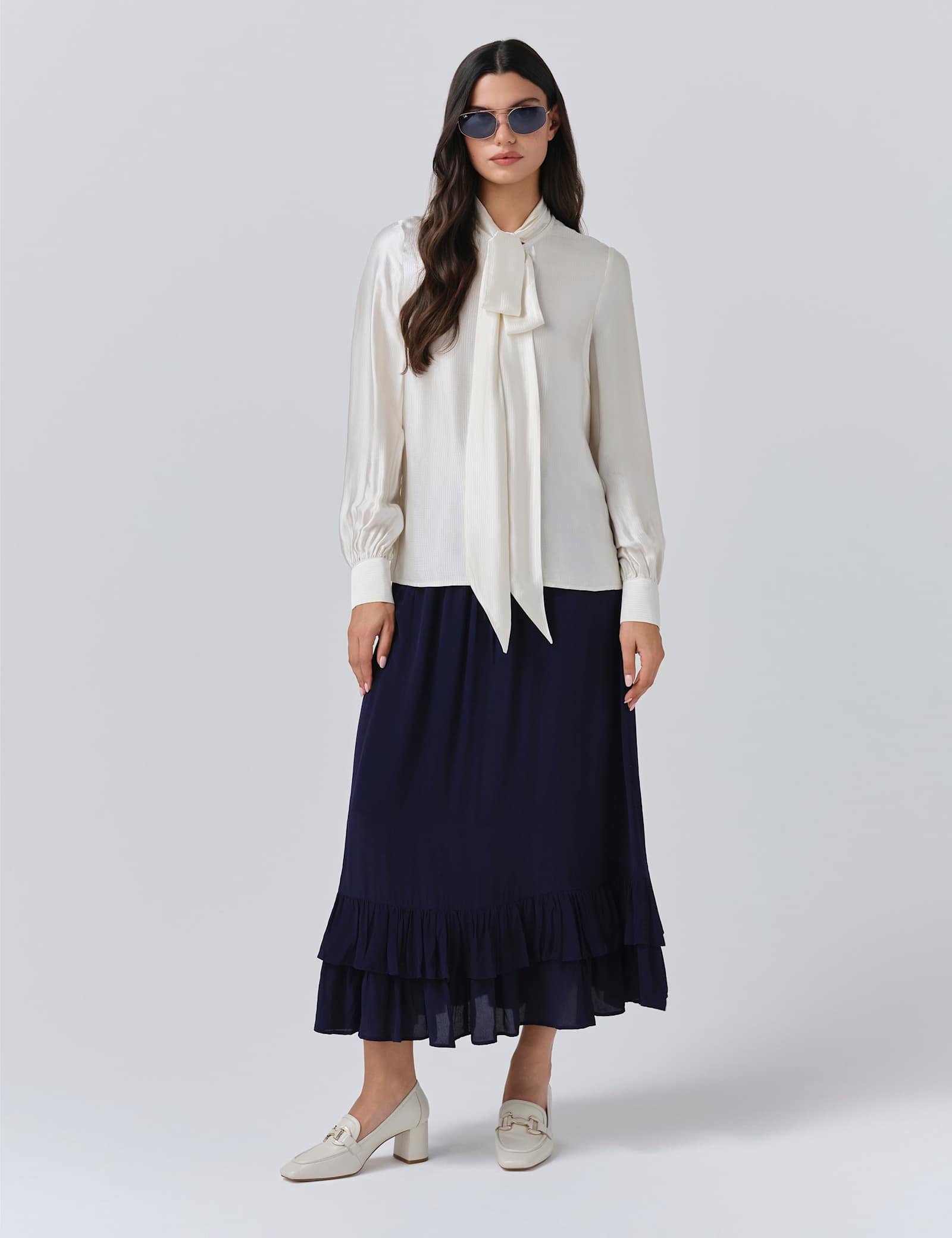 Satin Tie Neck Button Through Blouson Sleeve Blouse - image 5